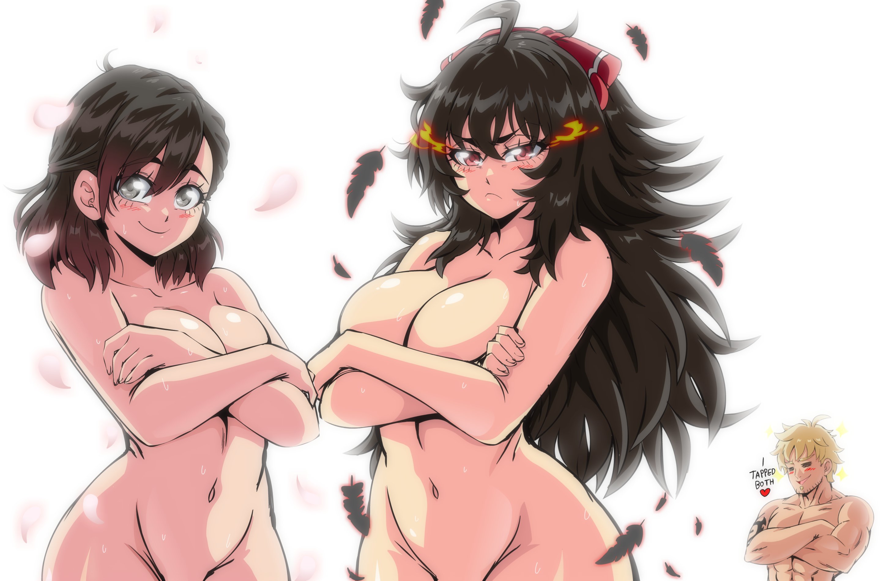 big breasts, black hair, blonde hair, blush, breasts, brown hair, covering breasts, dilf, eyes closed, female, grinning, lewdamone, long hair, looking at viewer, male, milf, muscular, muscular male, naked, raven branwen, red eyes, red hair, rwby, scowl, silver eyes, smiling, sparkles, summer rose, taiyang xiao long, wide hips