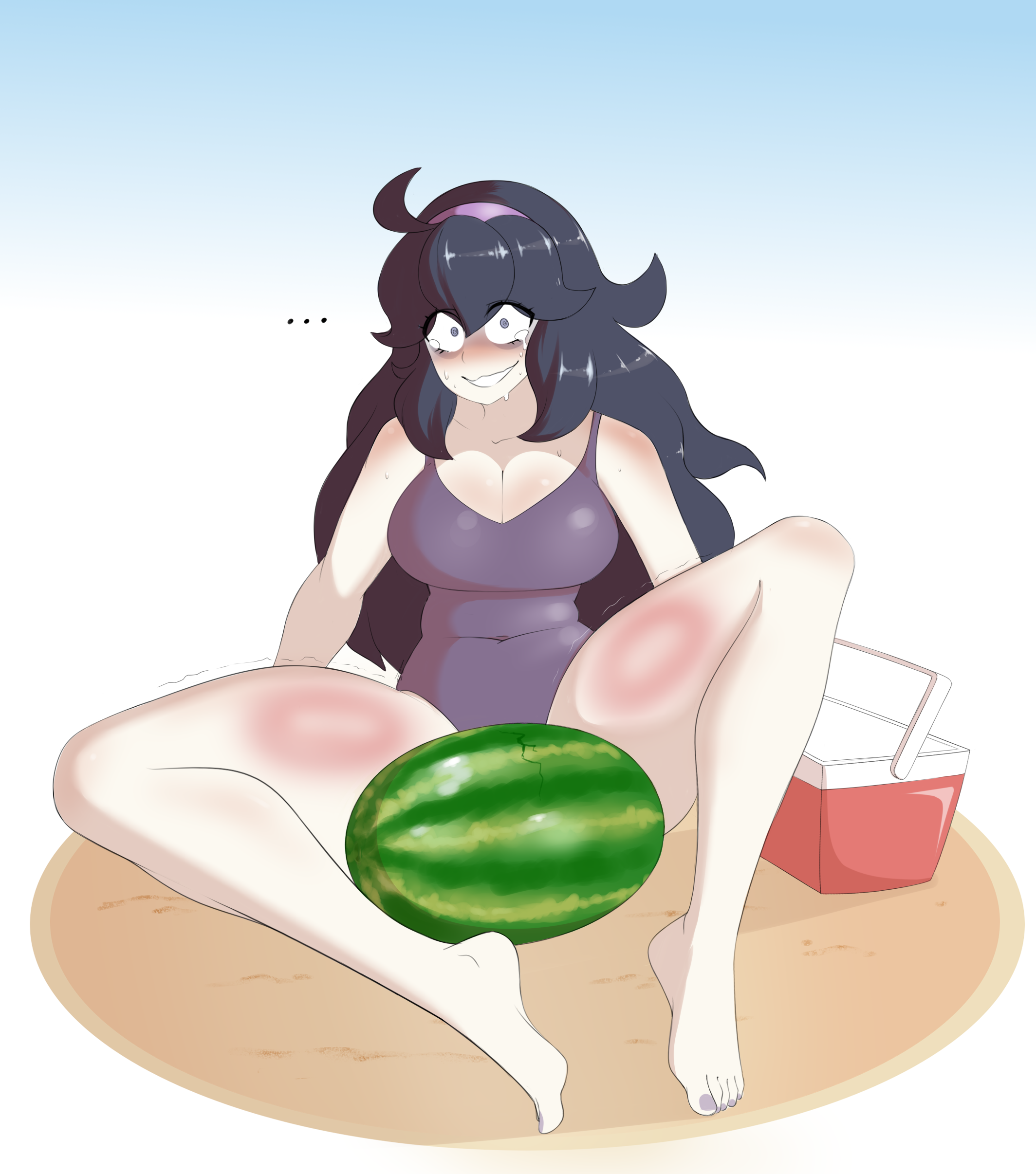 1girls, absurd res, beach, big breasts, black hair, breasts, bruise, crying, female, headband, hex maniac, hi res, highres, long hair, one-piece swimsuit, pokemon, purple eyes, sealguy, she couldn't break it, solo, solo female, swimsuit, tears, thick thighs, watermelon