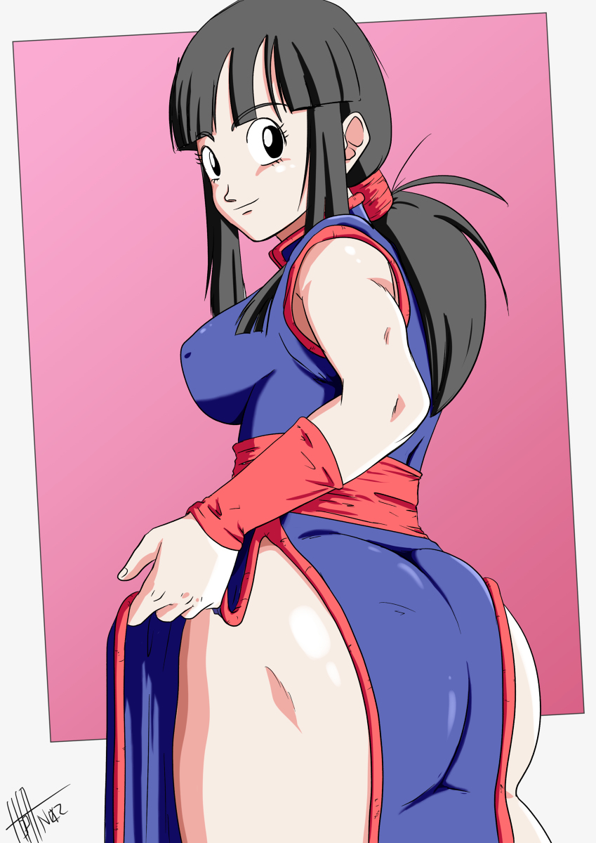 1girls ass bangs big_ass big_breasts black_eyes black_hair butt_crack_outline cheongsam chichi clothing dragon_ball dragon_ball_(classic) dress_inside_ass dress_wedgie female female_only hotpan02 huge_ass light-skinned_female light_skin looking_back milf nipple_bulge pink_background ponytail rear_view shounen_jump sideboob simple_background solo teenage_girl teenager thick_thighs watermark wedgie white_background