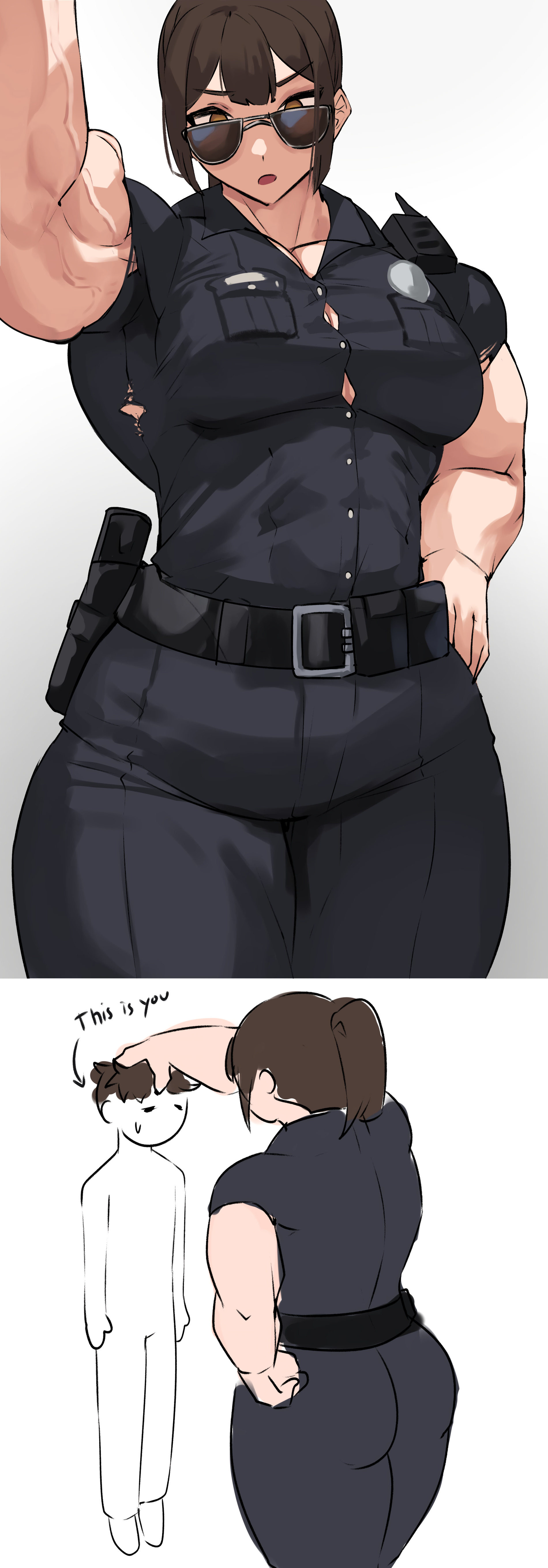 biceps, big breasts, breasts, brown hair, cleavage, female, hand on hip, looking at viewer, looking over eyewear, looking over glasses, looking over sunglasses, musctonk, muscular, muscular arms, muscular female, original, police, police uniform, policewoman, pov, pov eye contact, ripped clothing, short hair, size difference, sunglasses, tight clothing, tinted eyewear, undersized clothes