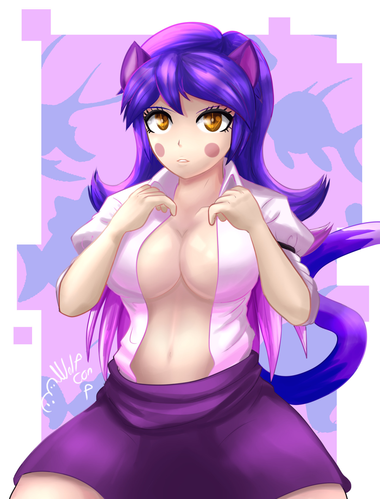 1girls, animal ears, animal tail, big breasts, breasts, cat ears, cat girl, cat tail, catgirl, cindy (fnac), female, five nights at candy's, five nights at freddy's, five nights in anime, navel, no bra, solo, tail, wolf con p