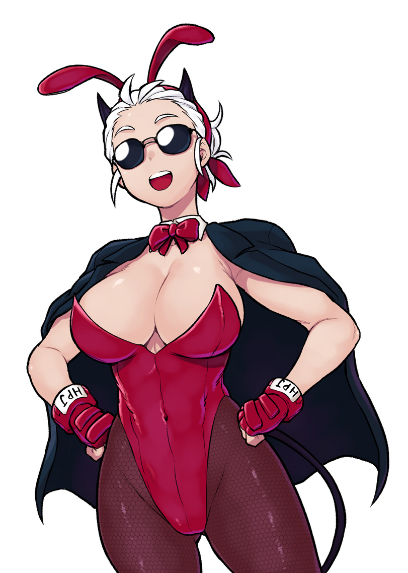 breasts, bunny ears, bunnysuit, female, helltaker, justice (helltaker), large breasts, sunglasses, tinted eyewear