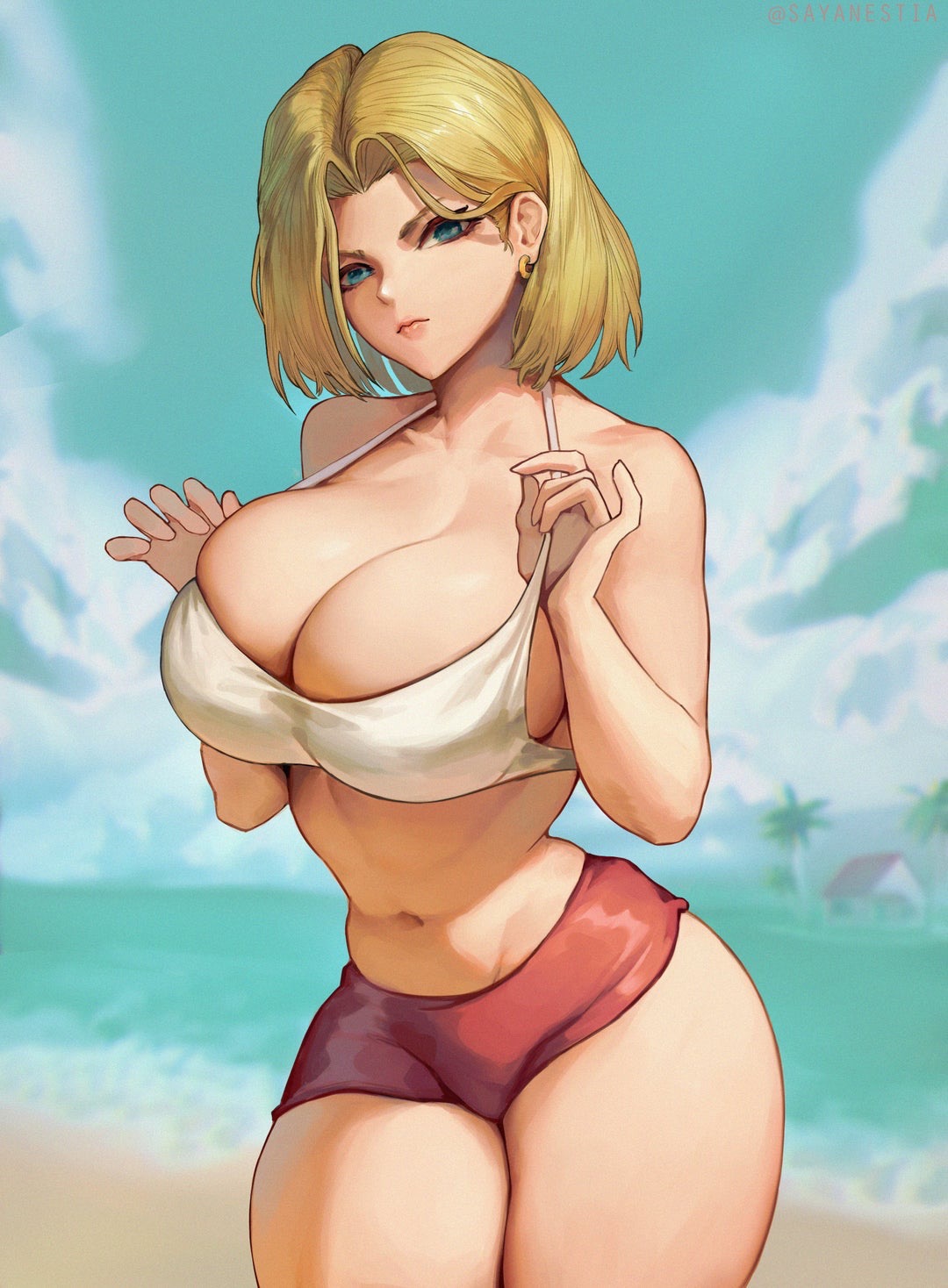 1girls android_18 big_breasts breasts curvaceous curvy curvy_figure dragon_ball dragon_ball_z sayanestia shounen_jump skimpy_clothes thick_thighs