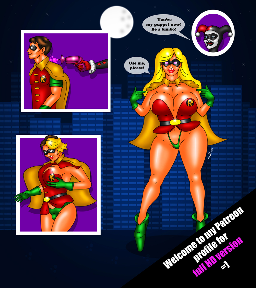 1boy ass_expansion batman_(series) bimbo brainwashing breast_expansion cape dc dc_comics female fredrichi69 gender_transformation gloves hair_color_change hair_growth harley_quinn high_heels huge_ass huge_breasts hypnosis identity_death jason_todd lip_expansion male mind_control mtf_transformation navel robin_(dc) robin_(jason_todd) rule_63 thick_thighs thigh_expansion thong transformation wide_hips