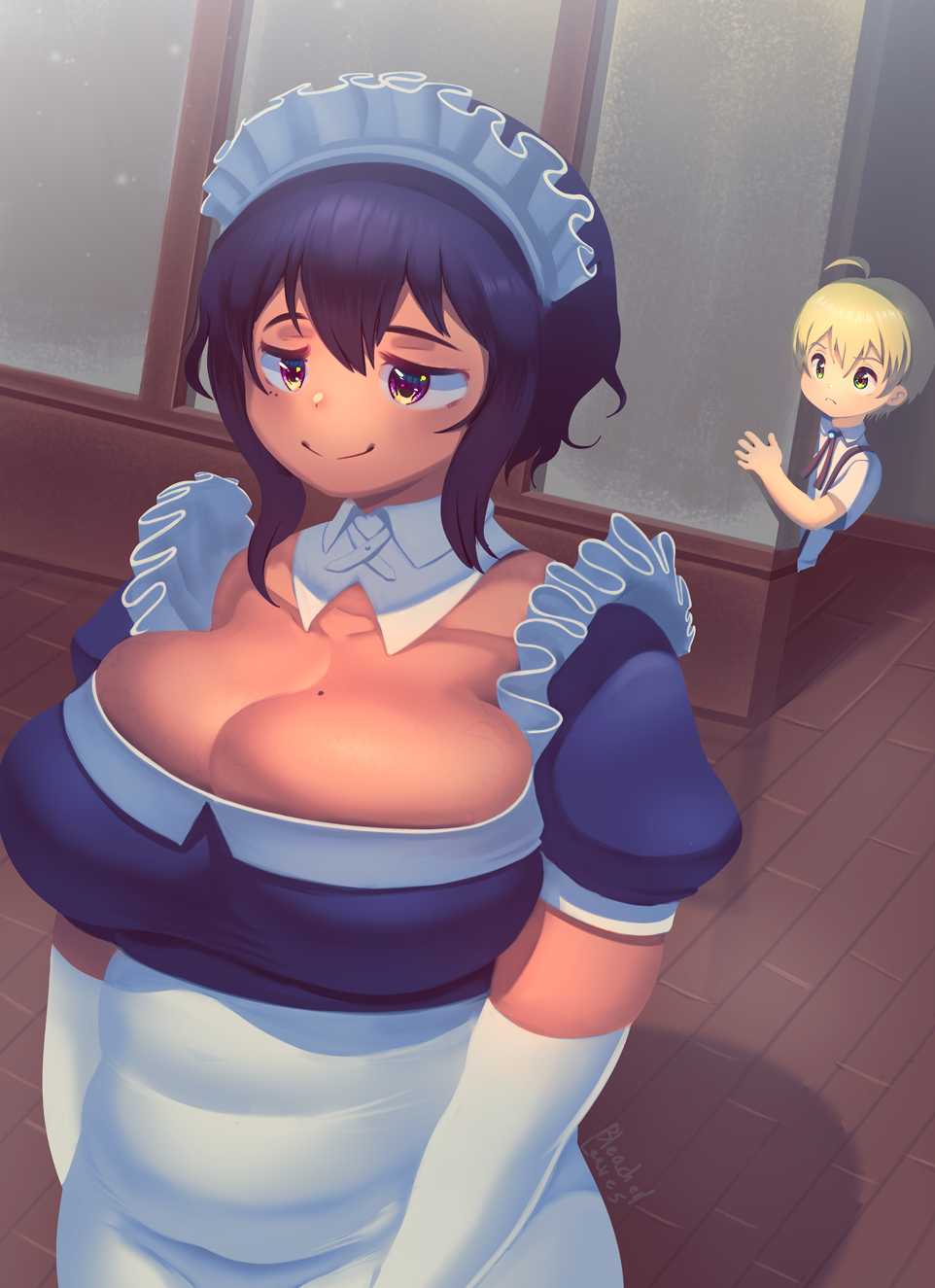 1boy 1girls age_difference big_breasts black_hair bleachedleaves busty curvy dark-skinned_female duo female huge_breasts larger_female lilith_(saikin_yatotta_maid_ga_ayashii) maid maid_headdress no_sex older_female plump purple_eyes saikin_yatotta_maid_ga_ayashii smaller_male suggestive younger_male yuuri_(saikin_yatotta_maid_ga_ayashii)