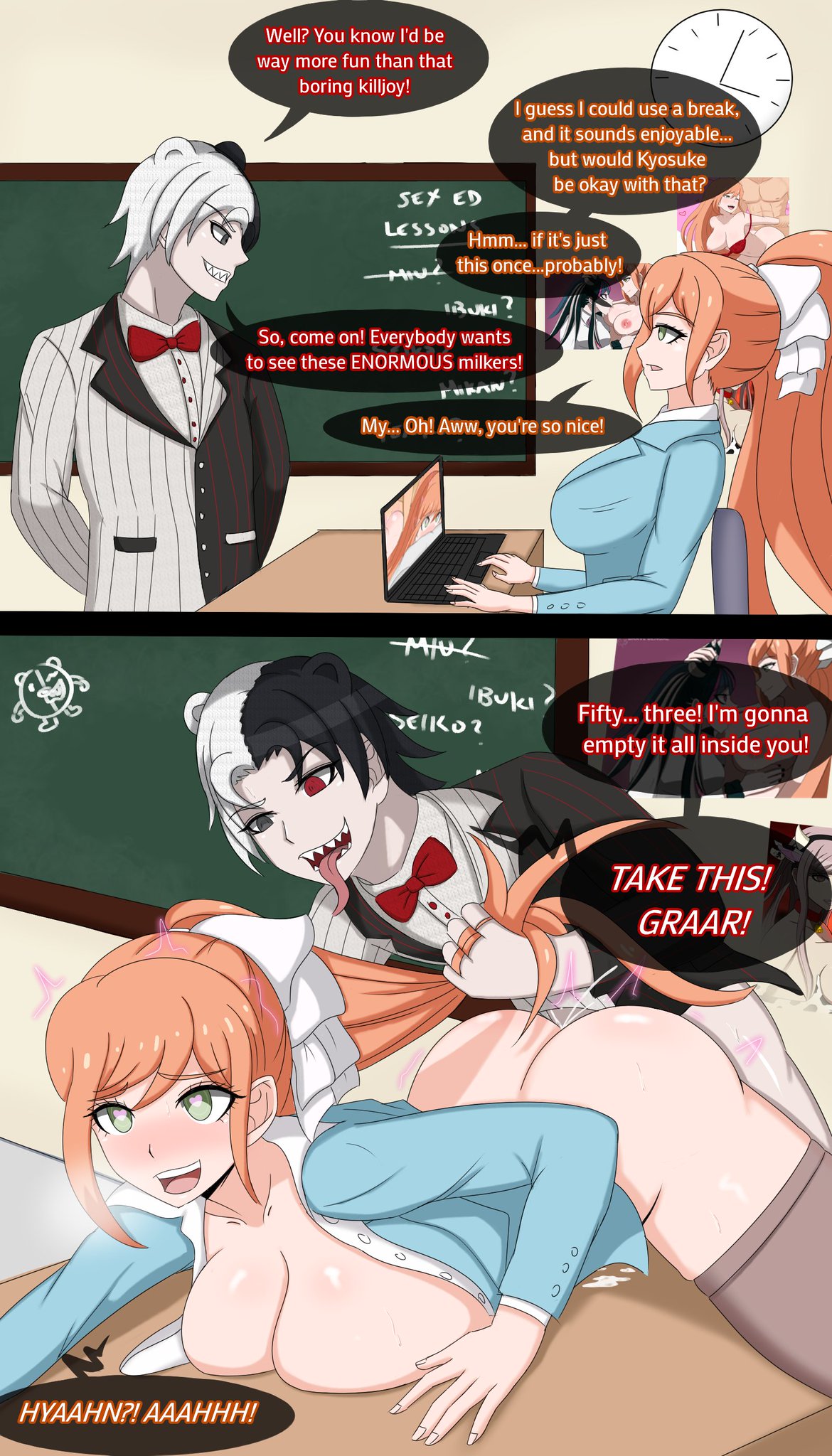 alternate_version_available bravebengal danganronpa danganronpa_3 desk hair_pull human_monokuma monokuma ntr orgasm sex straight_hair teacher yukizome_chisa