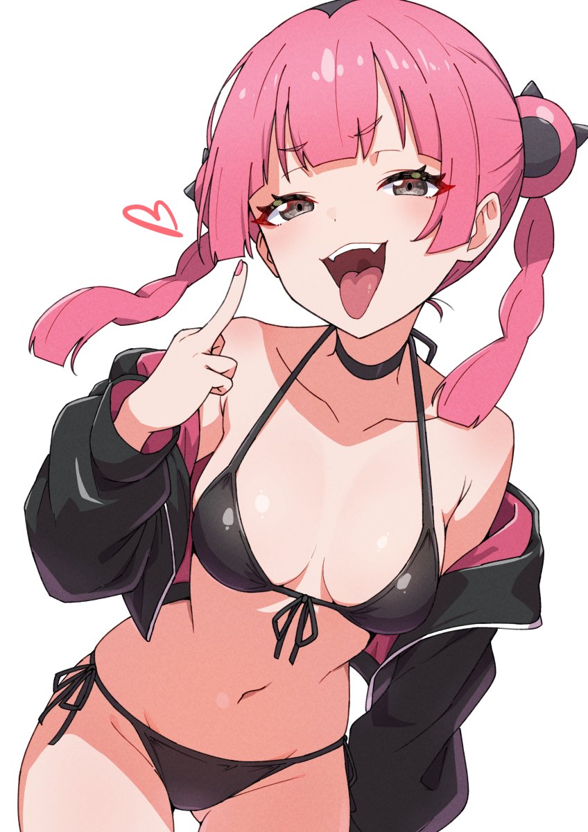 1girls 2d 2d_(artwork) black_bikini black_jacket coral_(pokemon) cute_fangs fem female female_only flipping_off grey_eyes kamidan kamidan29 lace_bra lace_panties loveheart nintendo pink_eyebrows pink_fingernails pink_hair pokemon pokemon_(anime) pokemon_horizons red_eyeliner slim_waist small_ass solo solo_female tongue_out video_game_character white_background