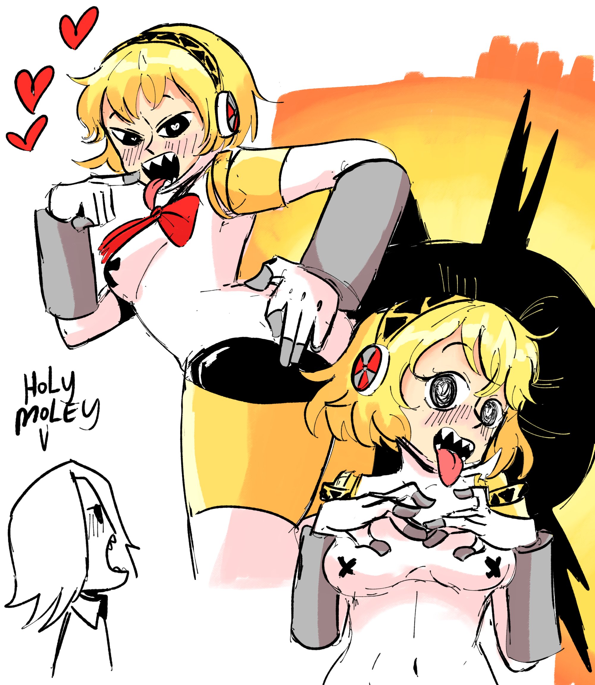 1girls, aigis (persona), breasts, female, freak, pasties, pointy teeth, ravenmastertask, robot girl, self insert, sharp teeth, teeth, thighs, x pasties, yellow hair