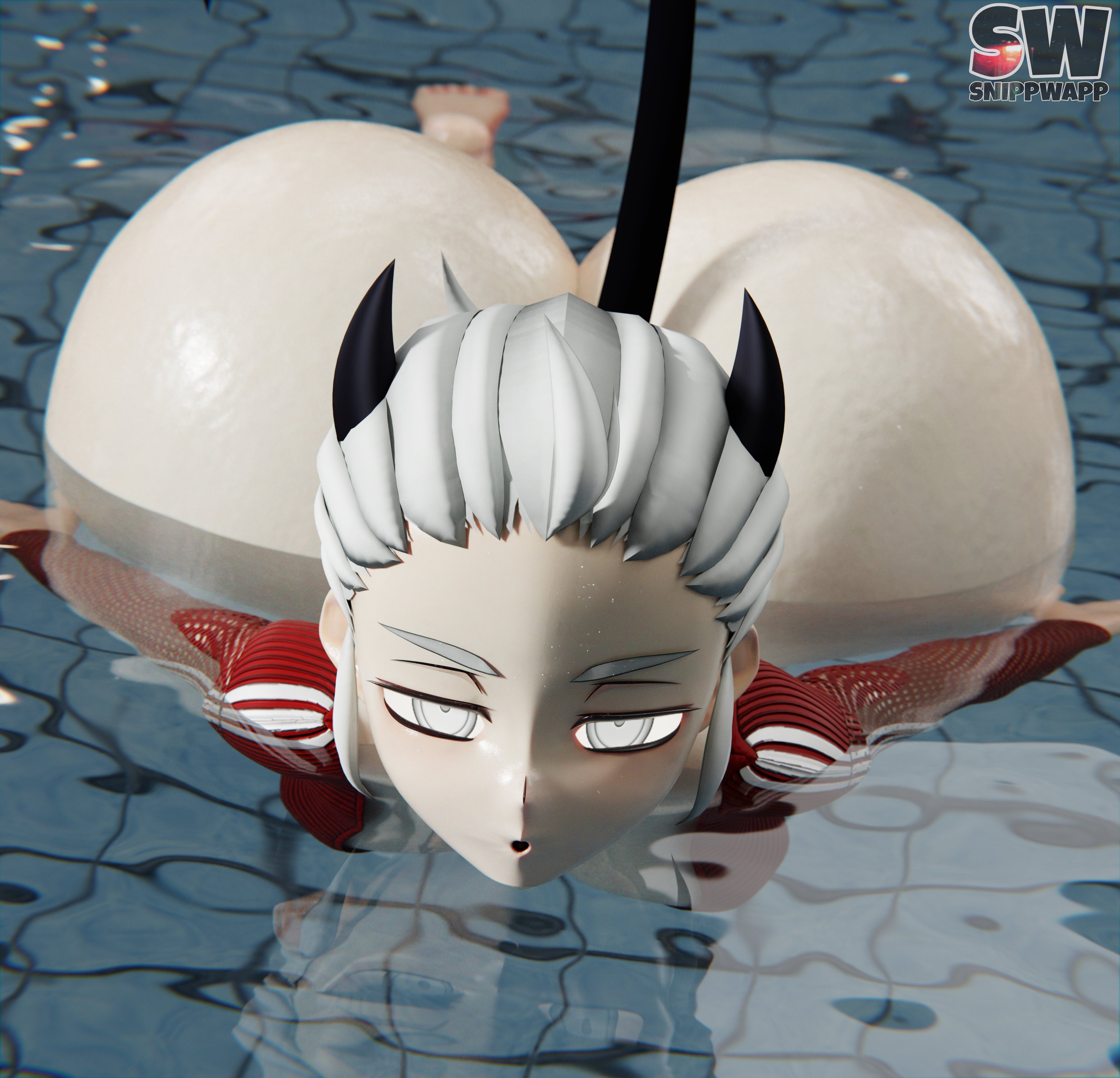1girls, 3d, artist logo, ass, ass focus, big ass, blender, blender (artwork), blender (software), blender cycles, blind, bottom heavy, bubble ass, bubble butt, demon, demon girl, fat ass, female, female only, helltaker, horns, huge ass, hyper ass, justice (helltaker), large ass, looking at viewer, massive ass, snippwapp, solo, swimming, tail, thick ass, thick thighs, thunder thighs, water, white hair, wide hips