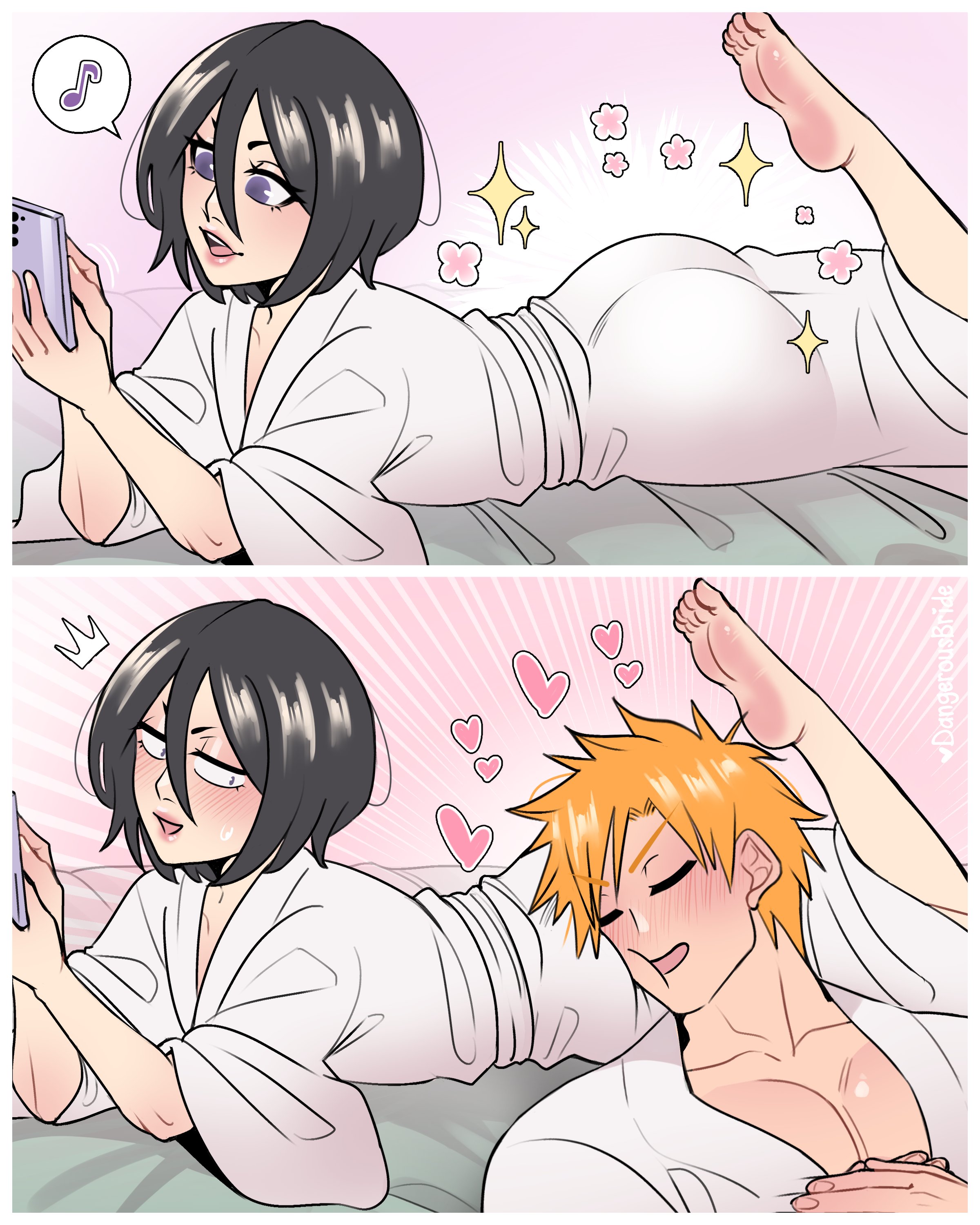 1boy, 1girls, ass, ass pillow, black hair, bleach, blush, butt pillow, closed eyes, dangerousbride, female, heart, ichigo kurosaki, kuchiki rukia, lying, lying on stomach, male, orange hair, purple eyes, very high resolution, wholesome
