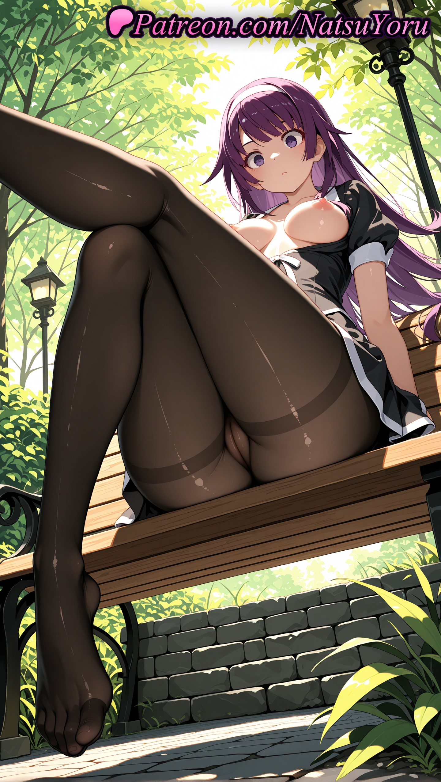 1girls, 2025, ai assisted, ai generated, alternate costume, anime, anime style, arm support, ass, bakemonogatari, bangs, bench, black dress, black legwear, black pantyhose, blush, breasts, breasts apart, breasts out, brown pantyhose, bush, bust, busty, cameltoe, closed mouth, collarbone, crossed legs, day, dress, dutch angle, eyelashes, feet, female, female focus, female only, foot fetish, foot out of frame, foreshortening, from below, hairband, hi res, high quality, high resolution, highres, lamppost, large breasts, leaning back, leg up, legs, legwear, long hair, looking at viewer, looking down, maid, maid uniform, medium breasts, monogatari (series), natsuyoru, nipples, nipples outside, no bra, no panties, no shoes, non-asian, on bench, open clothes, outdoors, pantyhose, park bench, patreon, public indecency, puffy short sleeves, puffy sleeves, purple eyes, purple hair, pussy, senjougahara hitagi, shiny, shiny skin, short sleeves, sidelocks, sitting, sitting on bench, soles, solo, solo female, stable diffusion, thighband pantyhose, thighs, toes, tree, uncensored nipples, underwear, upskirt, vagina, voluptuous, voluptuous female, white bow, white hairband