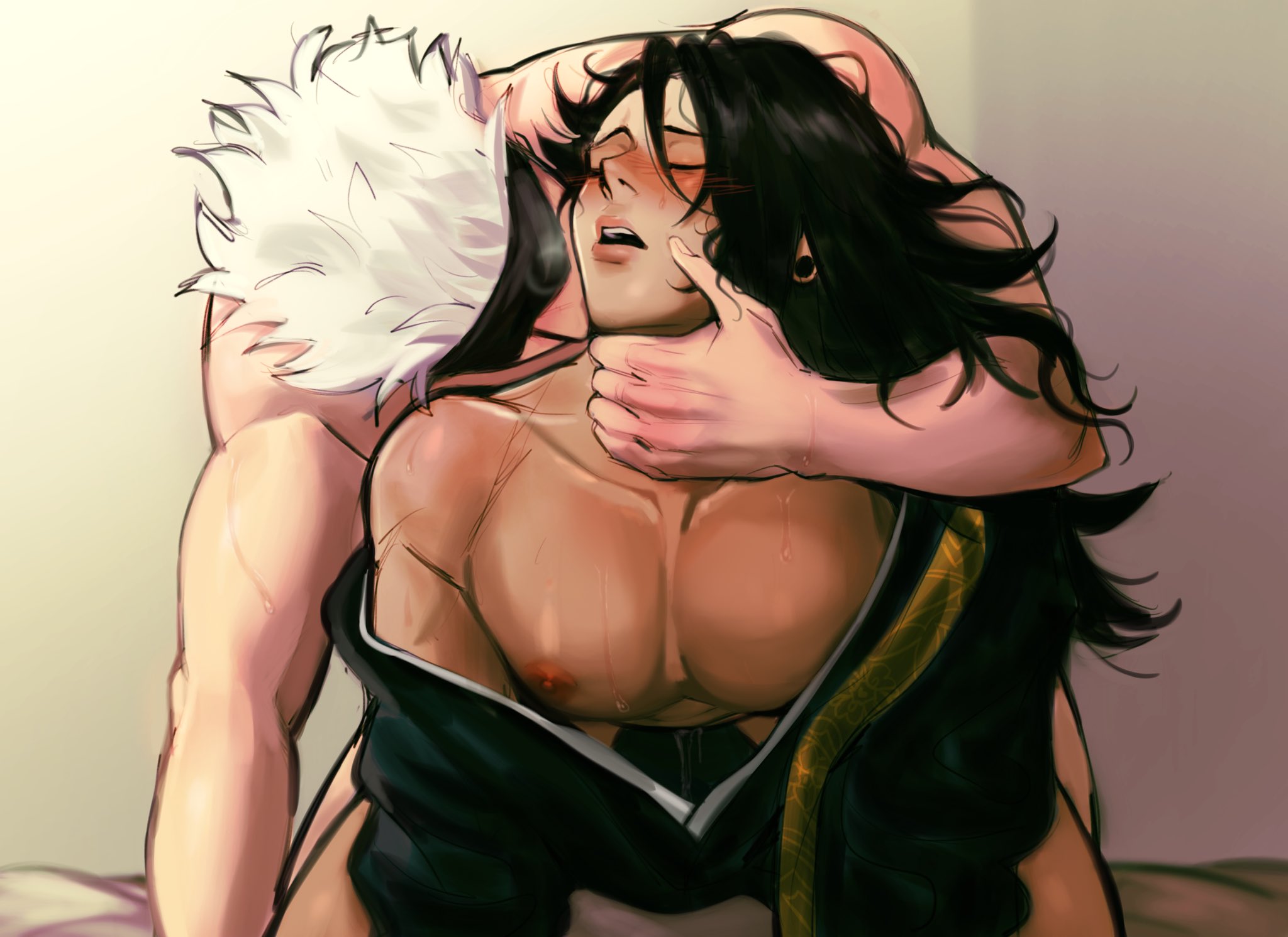 2boys, anal sex, big breasts, blush, breasts, closed eyes, doggy style, gay, gay domination, gay sex, jujutsu kaisen, kissing, male, male only, male penetrating male, male/male, moaning, nipples, penetration, satoru gojo, submissive male, suguru geto, wiistef, yaoi