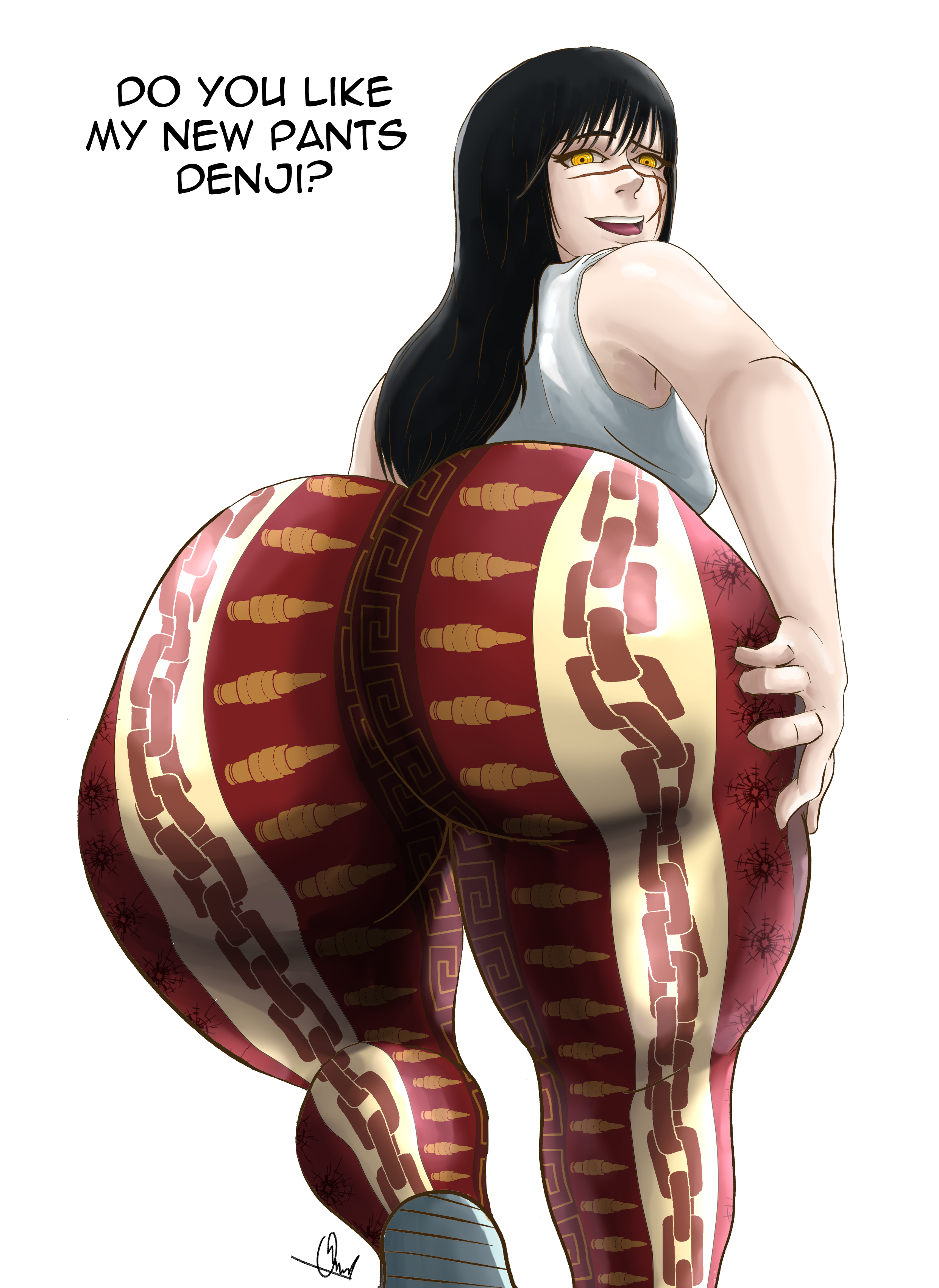 ass, ass focus, big ass, big butt, black hair, chainsaw man, fat ass, female, flare pants, forbidden pants, huge ass, leggings, looking at viewer, looking back, looking back at viewer, mitaka asa, orange eyes, owlmanworld, presenting, presenting ass, presenting hindquarters, scar, scar on face, sneakers, solo female, tank top, yoru (chainsaw man)