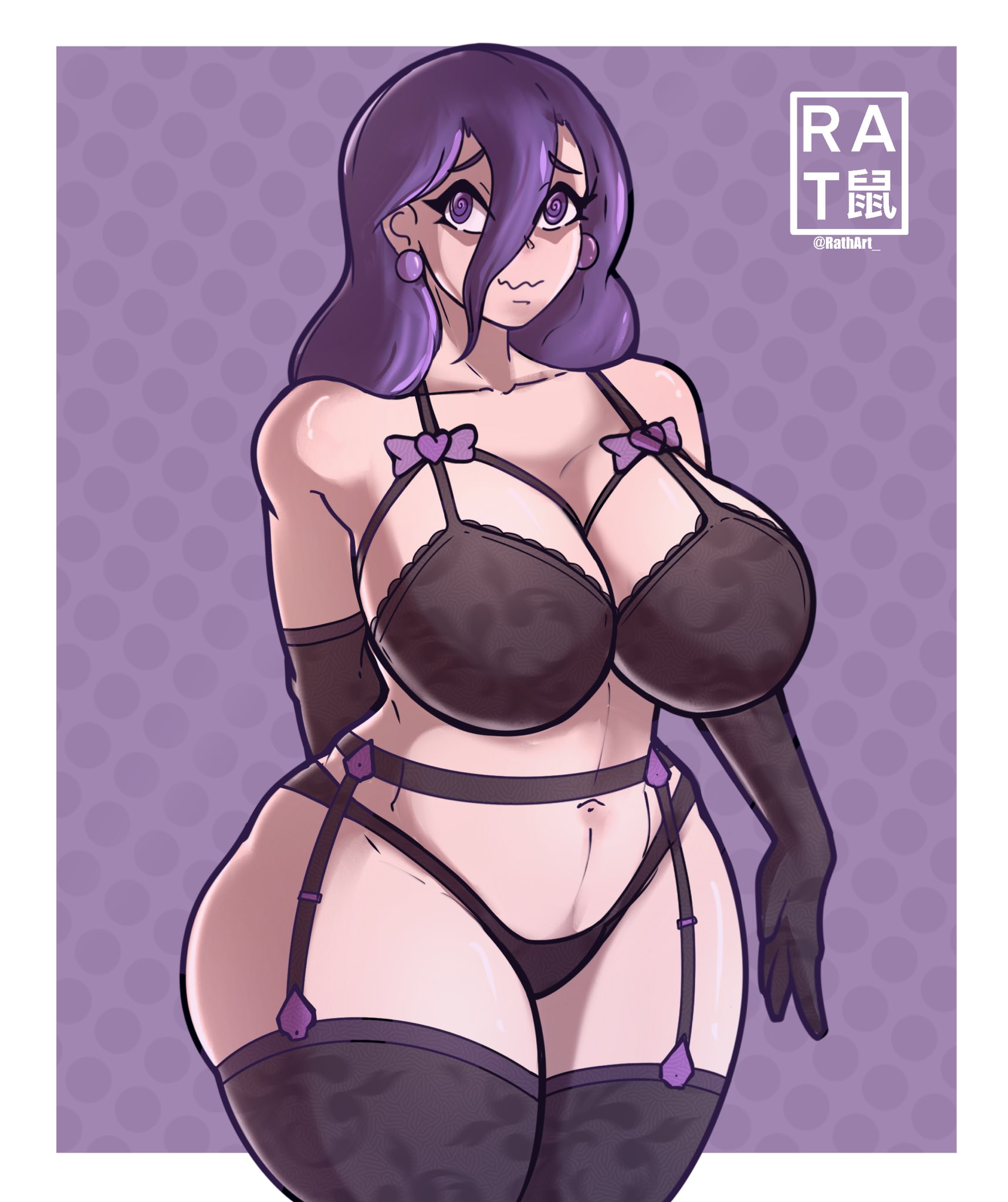 ass, big ass, big breasts, big thighs, breasts, female, game freak, garterstraps, hex maniac, hex maniac (pokemon legends: z-a), lingerie, lingerie only, nintendo, pokemon, pokemon legends: z-a, purple background, purple hair, purple theme, rathart, solo, stockings, white border
