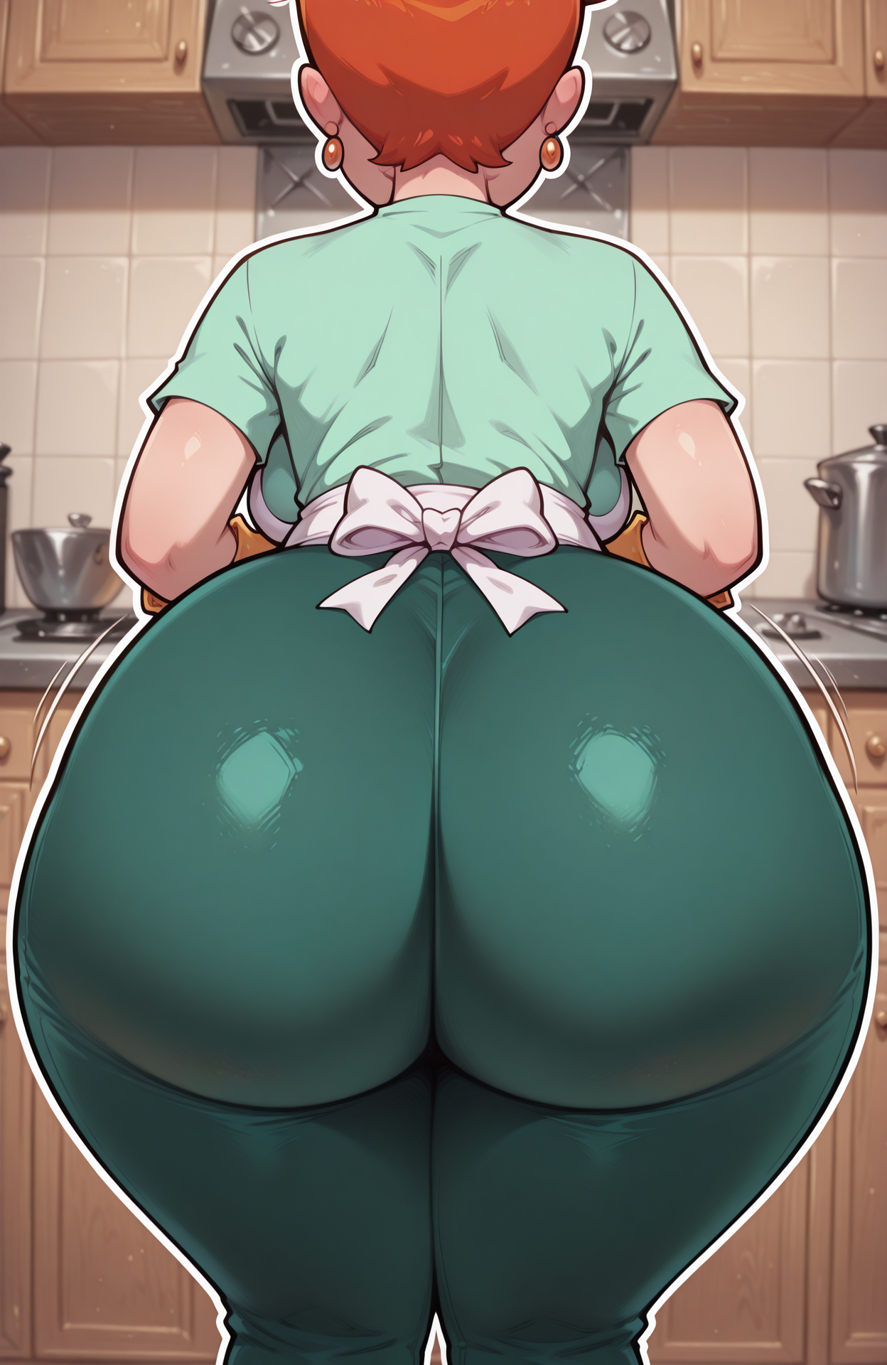 1girls, ai generated, ass, ass focus, ass jiggle, ass shake, bikini, breasts, choker, chubby, curvy, dexter's laboratory, dexter's mom, facing away, female, from behind, green pants, green shirt, hips, hips wider than shoulders, huge ass, huge breasts, mature female, milf, orange hair, plump, slopanonai, solo, thick thighs, wide hips, yellow gloves