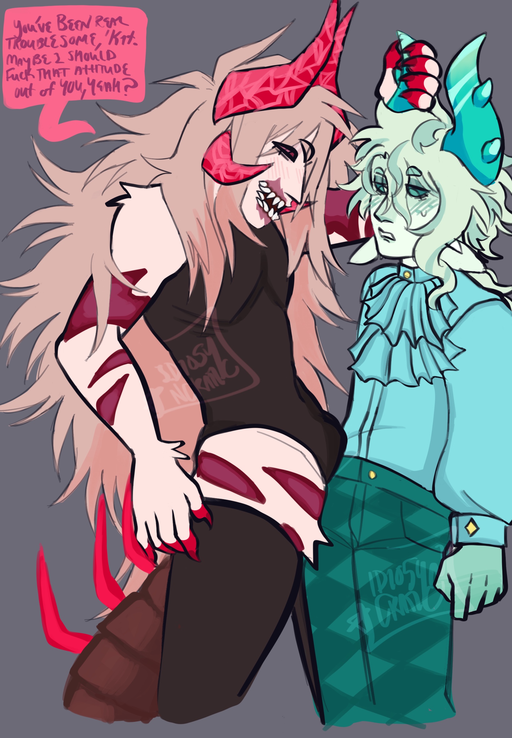 dirty talk, glaring, grabbing horns, grinding through clothes, horns, idiosyncratic, inphernal, intimidation, medkit (phighting), phighting, pinned to wall, roblox, roblox game, robloxian, scars, self upload, subspace (phighting), tagme, tail, watermark