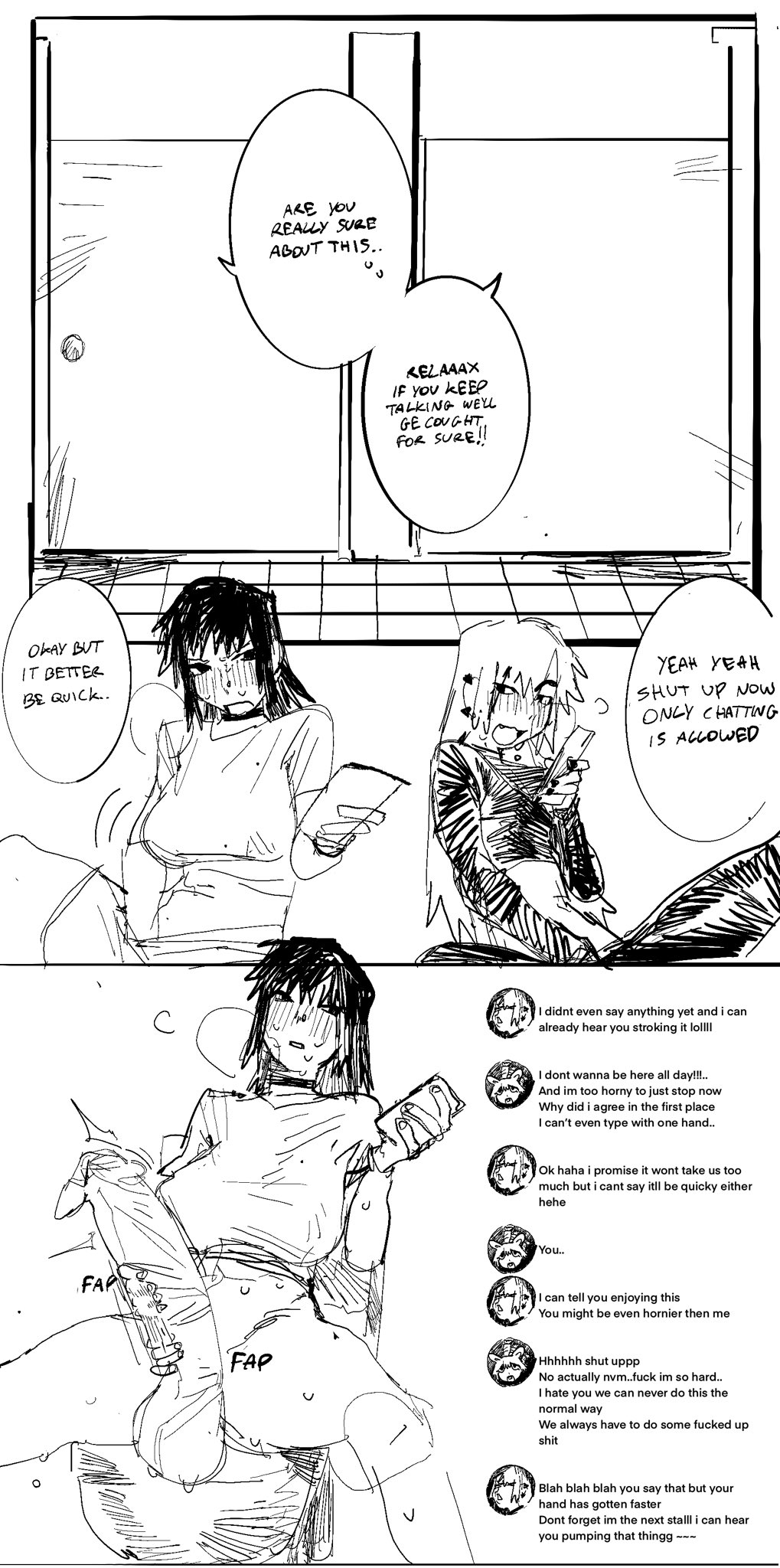 1boy, 1futa, 2025, balls, big balls, big breasts, big penis, black hair, bottomless, bowlboxer, breasts, clothed, clothing, comic, dialogue, dirty talk, edging, english text, erection, femboy, futanari, huge cock, huge penis, human, hung femboy, hung trap, intersex, joey (bowlboxer), khentaiu, long hair, male, masturbation, monochrome, mutual masturbation, original, original character, partially clothed, penis, phone, restroom stall, secretly loves it, sitting, sketch, text, texting, twitch lines, uncensored, white hair