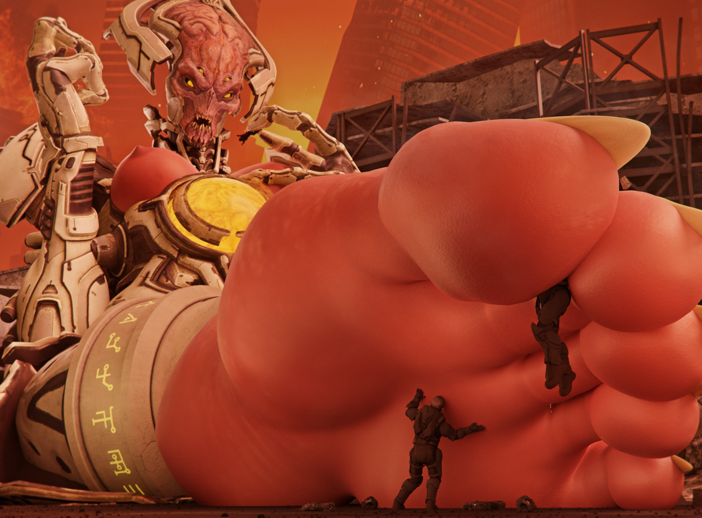 2boys, alien, alien girl, barefoot, between toes, breasts, demon, demon girl, doom, feet, female, foot fetish, foot worship, giantess, khan maykr, male, monster, monster girl, size difference, soles