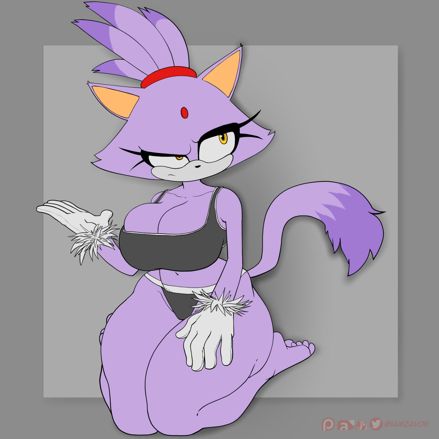 ass, big ass, big breasts, blaze the cat, breasts, female, iamzavok, kneeling, large ass, large breasts, sonic (series), thick thighs, tight clothing
