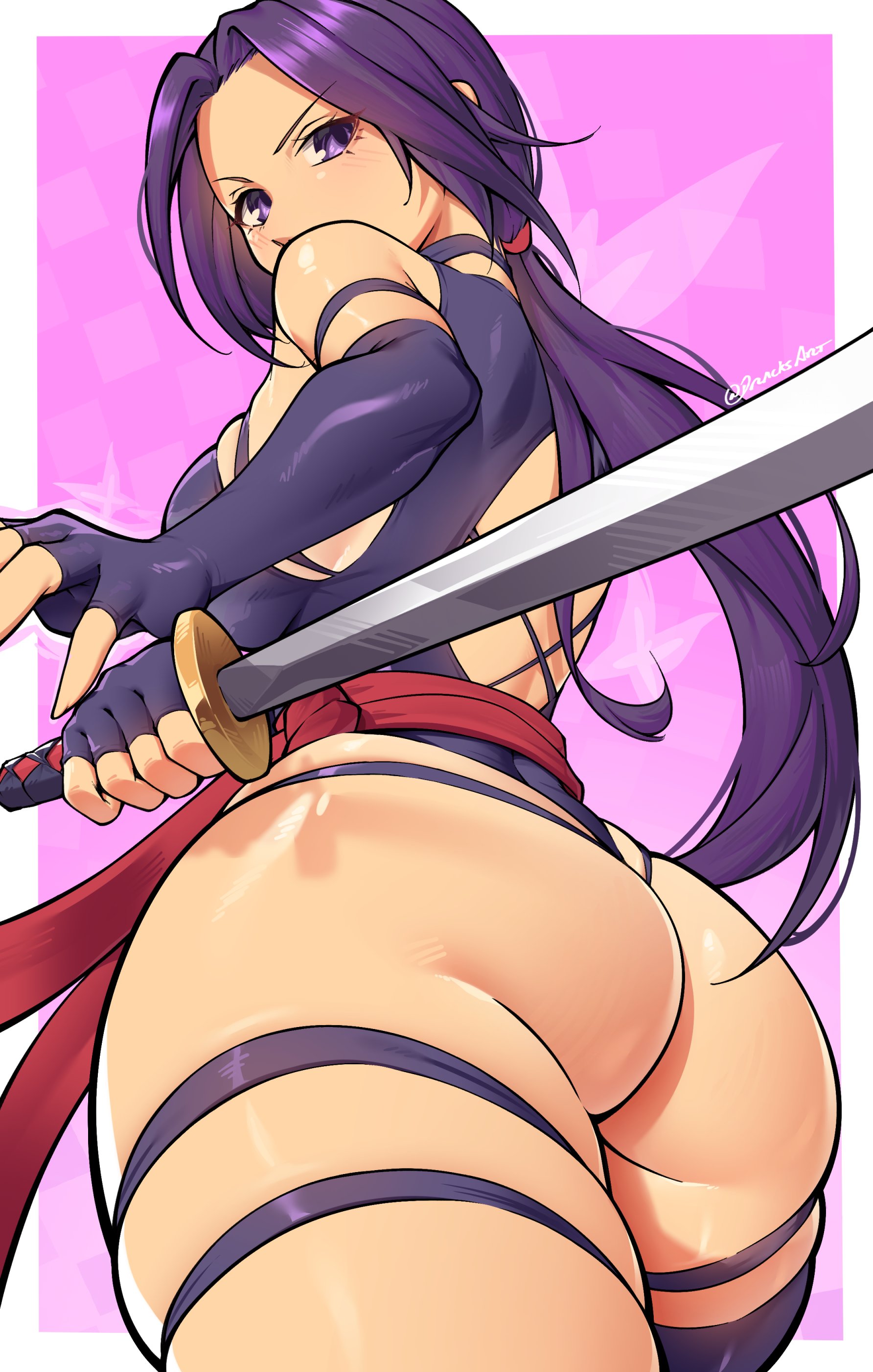 1girls, ass, ass focus, dracksart, female, female focus, female only, large ass, light skin, light-skinned female, looking at viewer, looking back, marvel, marvel comics, psylocke (kwannon), solo, thick thighs, thighs, x-men