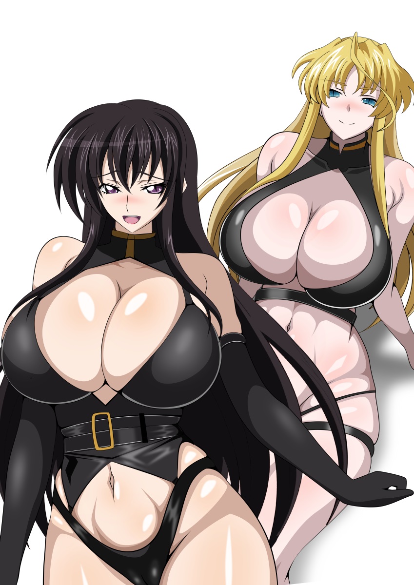 2girls, aged up, alluring, alternate breast size, amano yuuma, big breasts, black hair, blonde hair, blue eyes, breasts, cleavage, elbow gloves, fallen angel, female, female only, high school dxd, lingerie outfit, mittelt, purple eyes, yxyyxy