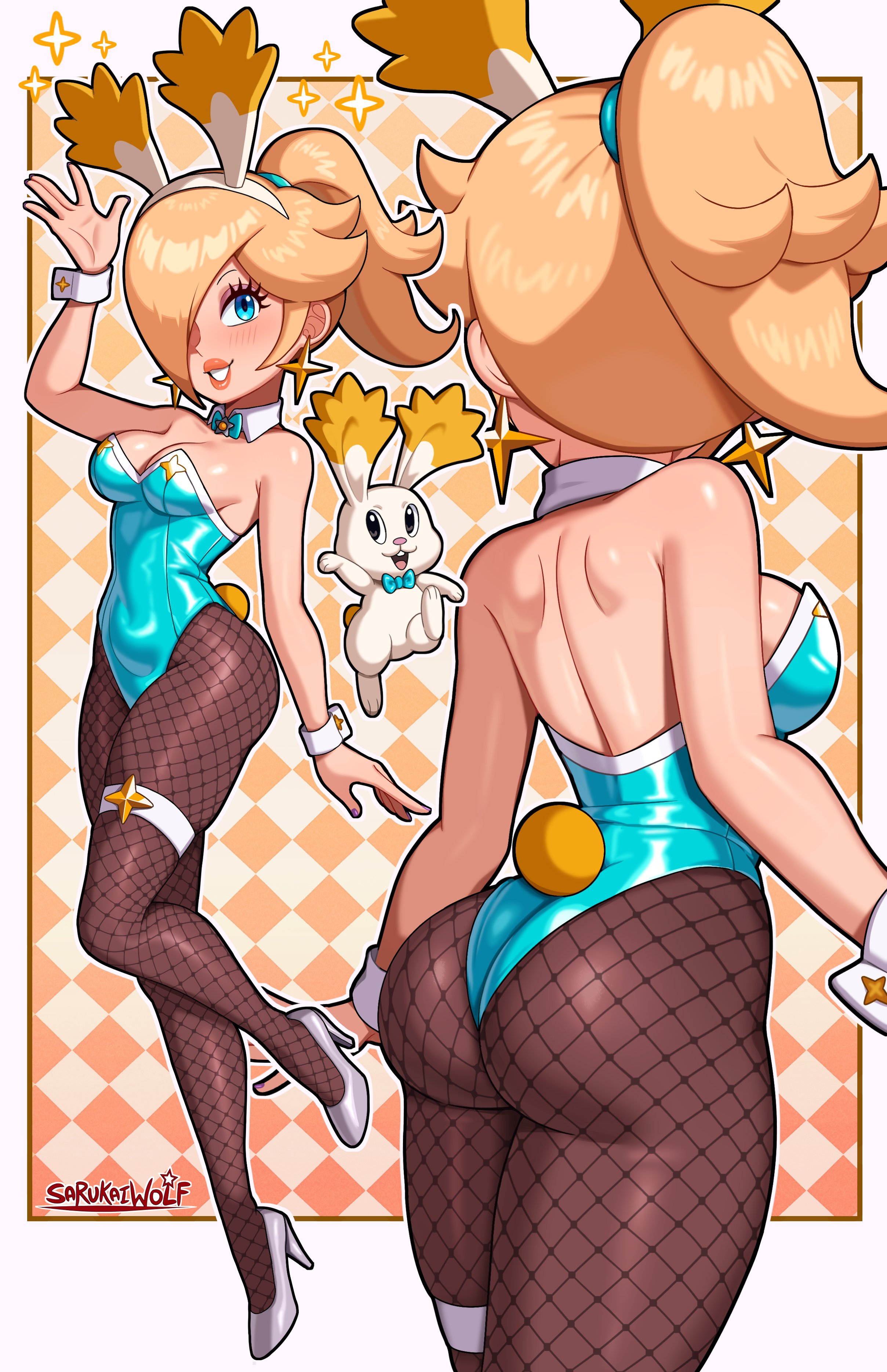 1girls, ass, back view, blonde hair, blue eyes, breasts, bunny ears, bunny girl, bunny tail, bunnysuit, female, heels, high heels, mario (series), nintendo, one eye obstructed, ponytail, princess rosalina, rabbit, sarukaiwolf, sideboob, super mario galaxy