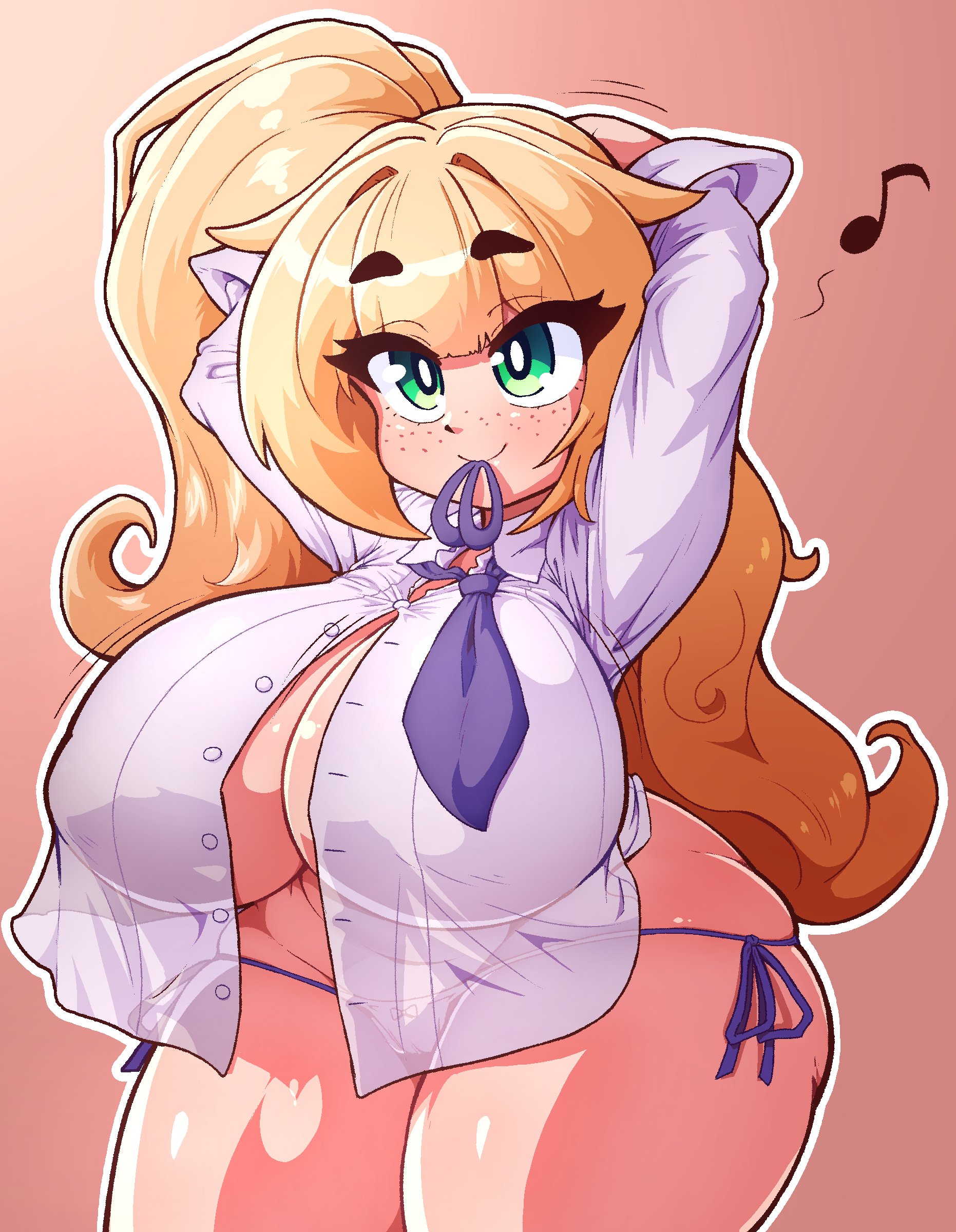 blonde hair, breasts, button down shirt, female, green eyes, huge breasts, lilli upton, masked agent, panties, shortstack, smile, thick thighs, twintails, wide hips