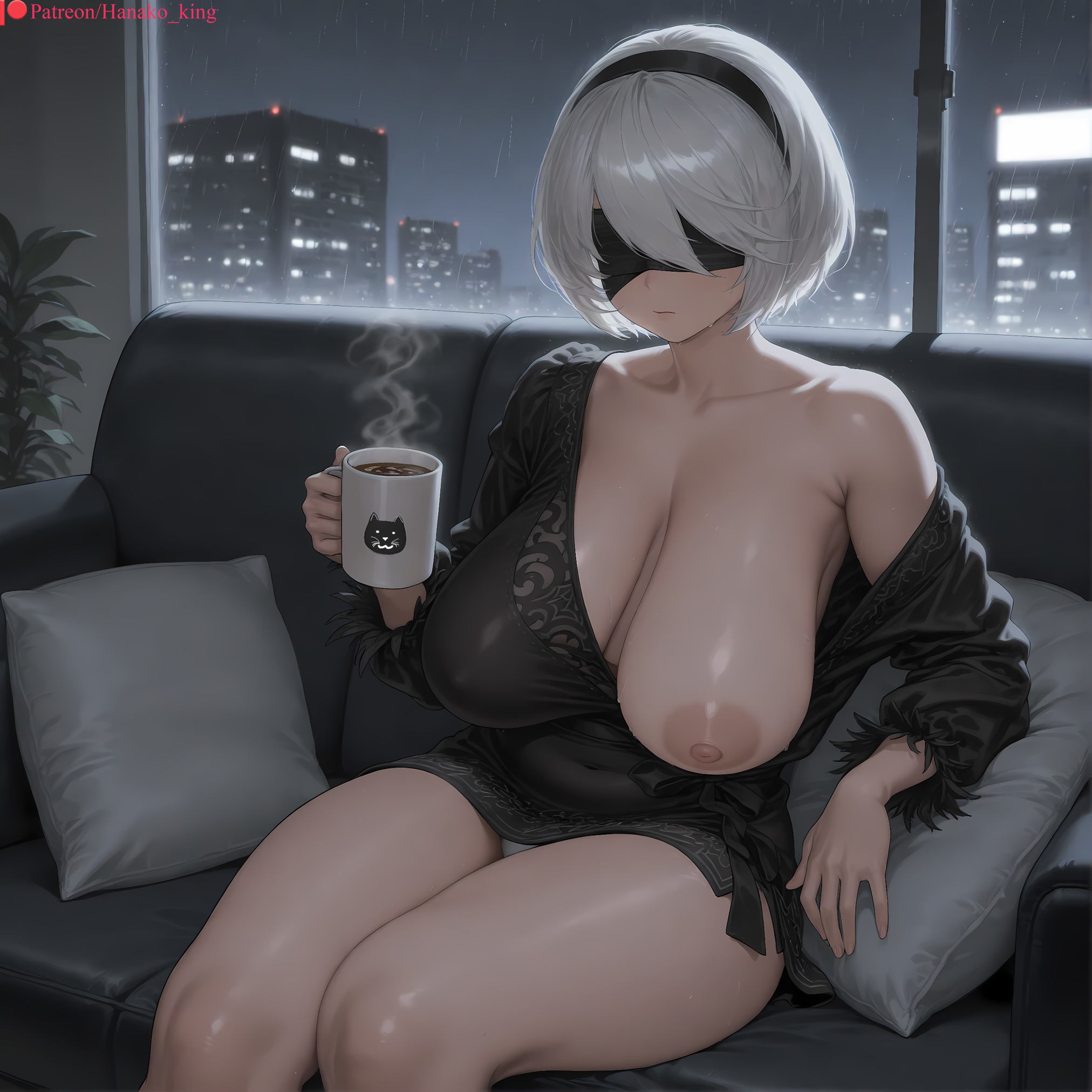 ai generated, alcohol, areolae, bangs, bare shoulders, bed, black blindfold, black dress, black hair ornament, black hairband, blindfold, blush, breasts, cityscape, clavicle, cleavage, closed mouth, clothing, couch, covered navel, cup, curvaceous, dress, drink, drinking glass, eyewear, female, female only, furniture, hairband, hanako king, headwear, holding, holding cup, huge breasts, indoors, large areolae, large breasts, lips, long sleeves, looking at viewer, mole, nier (series), nier: automata, night, night sky, nipples, no bra, off shoulder, on couch, open clothes, pillow, rain, sagging breasts, shirt, short hair, sitting, solo, thick thighs, thighs, underwear, white hair, white panties, window, yorha 2b
