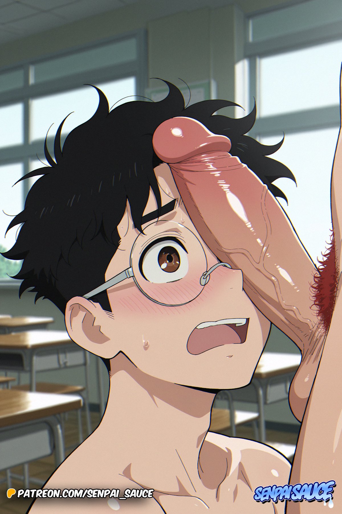 ai generated, balls, big balls, big penis, black hair, blush, brown eyes, dandadan, embarrassed, gay, glasses, huge balls, huge cock, jin enjoji, light skin, light-skinned male, male, male only, muscular, muscular male, nude, nude male, penis, penis on face, pubic hair, senpai sauce, squatting, sweat, sweatdrop, takakura ken (okarun), yaoi