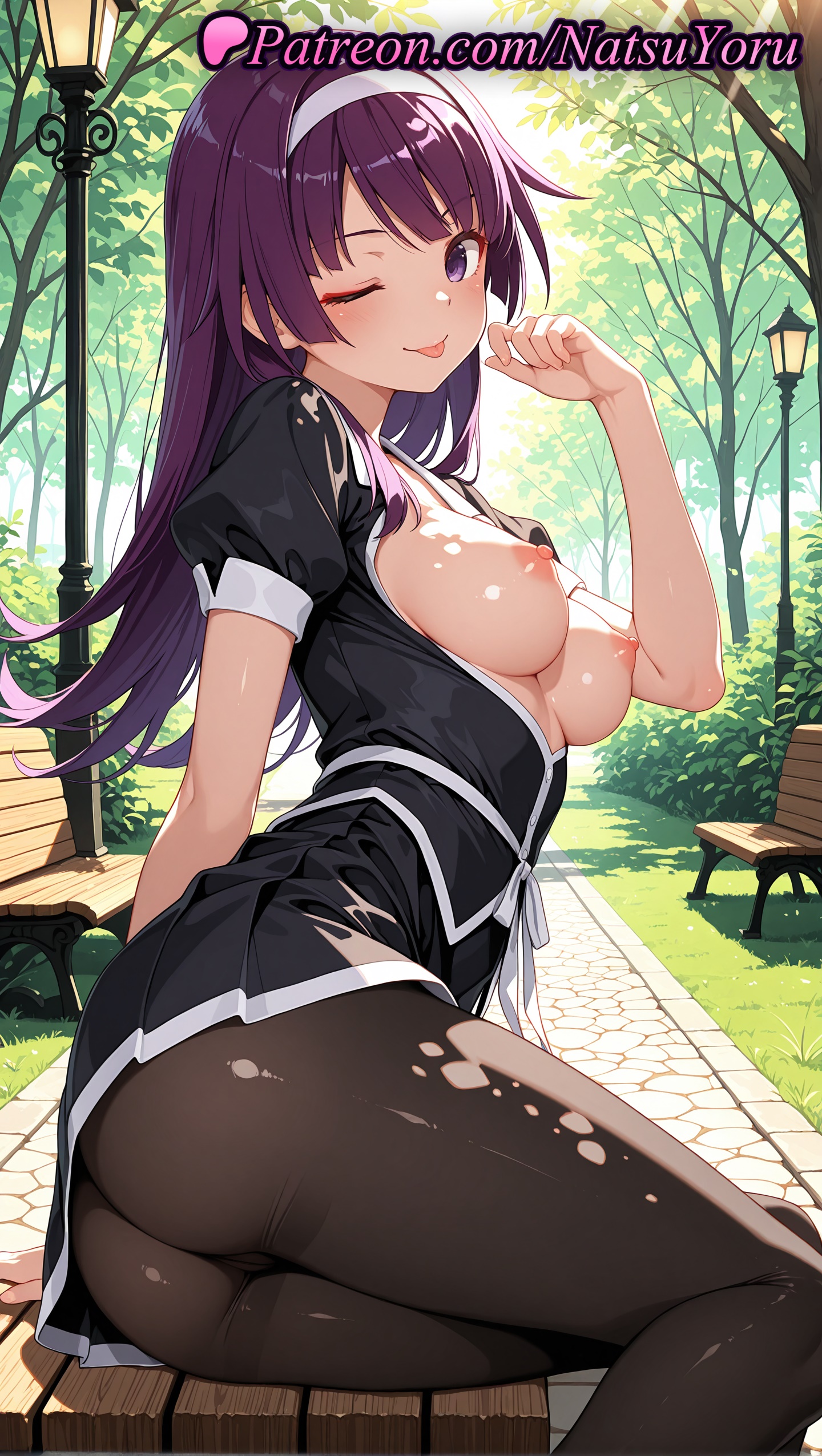 1girls, 2025, ai assisted, ai generated, anime, anime style, arm behind back, arm support, artist name, ass, bakemonogatari, bangs, bench, black dress, black legwear, black pantyhose, black shirt, black skirt, blunt bangs, blush, breasts, breasts out, bush, bust, busty, closed mouth, day, dress, eyelashes, feet out of frame, female, female focus, female only, fingernails, grass, hairband, hand up, hi res, high quality, high resolution, highres, lamppost, large breasts, long hair, looking at viewer, makeup, medium breasts, miniskirt, monogatari (series), natsuyoru, nipples, nipples outside, no bra, non-asian, on bench, one eye closed, open clothes, open shirt, oshiri, outdoors, pantyhose, park, park bench, patreon, public indecency, puffy short sleeves, puffy sleeves, purple eyes, purple hair, ribbon, senjougahara hitagi, shiny, shiny skin, shirt, short dress, short sleeves, sitting, sitting on bench, skirt, smile, solo, solo female, stable diffusion, tongue, tongue out, torn clothes, torn pantyhose, tree, twisted torso, uncensored nipples, voluptuous, voluptuous female, white hairband