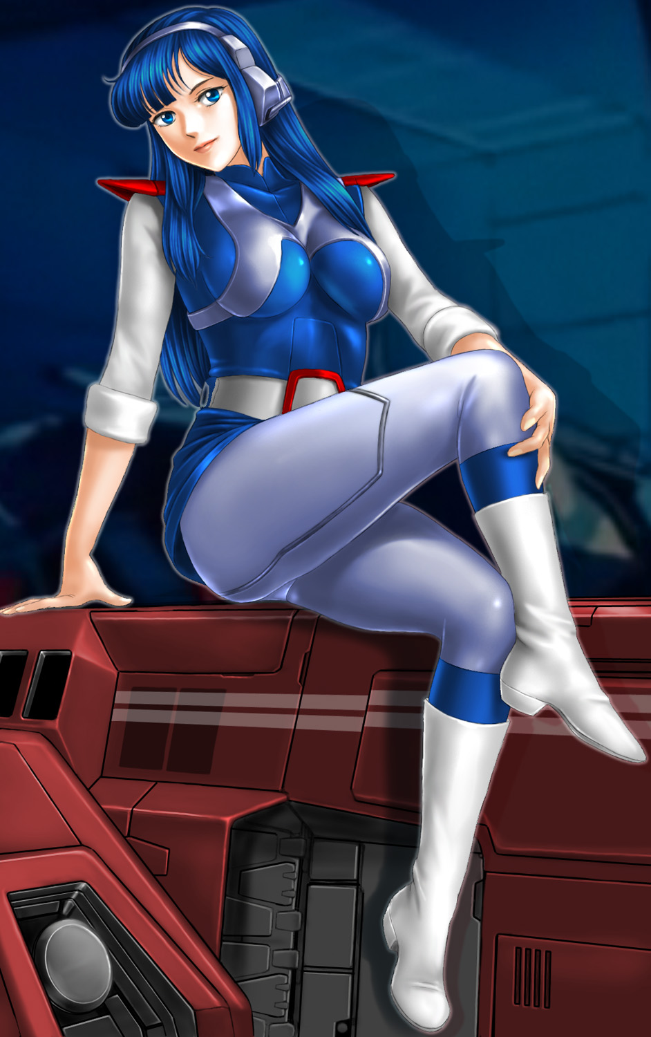 1girls belt blue_eyes blue_hair boots choujikuu_kidan_southern_cross female hangar headset highres lana_izavia long_hair mecha military military_uniform nova_satori robotech science_fiction sitting sleeves_rolled_up solo toten_(artist) uniform vehicle