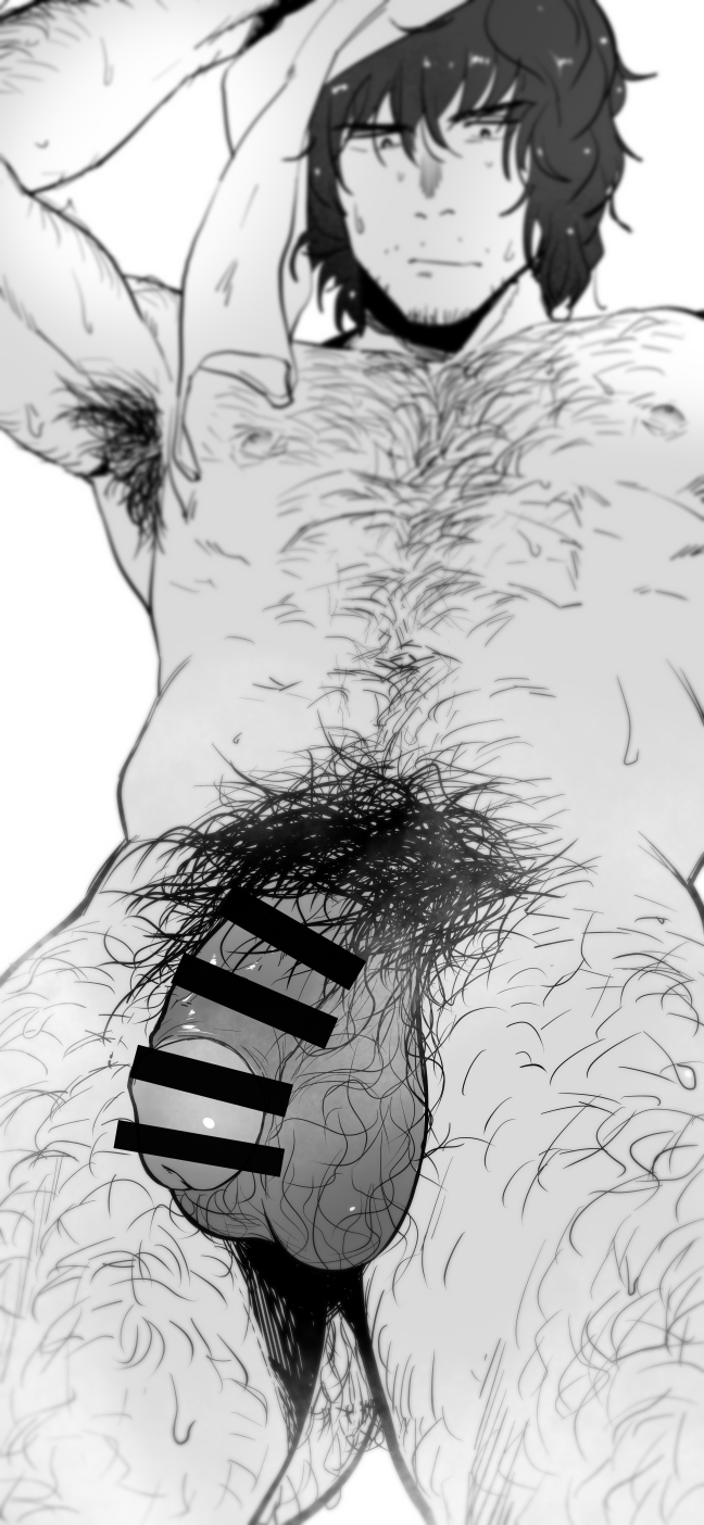 1boy, 2021, abs, armpit hair, armpits, balls, bar censor, big penis, censored, chest hair, flaccid, gay, hairy, kemukemuke, lowres, male, male only, monochrome, nipples, original, penis, pubic hair, simple background, solo, towel, yaoi