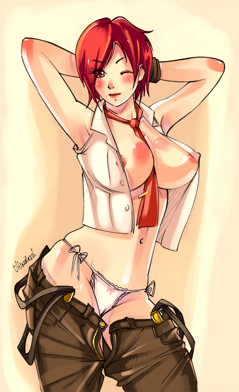 arms_behind_head arms_up between_breasts breasts female female_only human king_of_fighters necktie necktie_between_breasts nipples open_clothes open_shirt panties pants_down red_eyes red_hair short_hair side-tie_panties smile solo standing ultimatesol underwear vanessa_(kof) white_panties wink