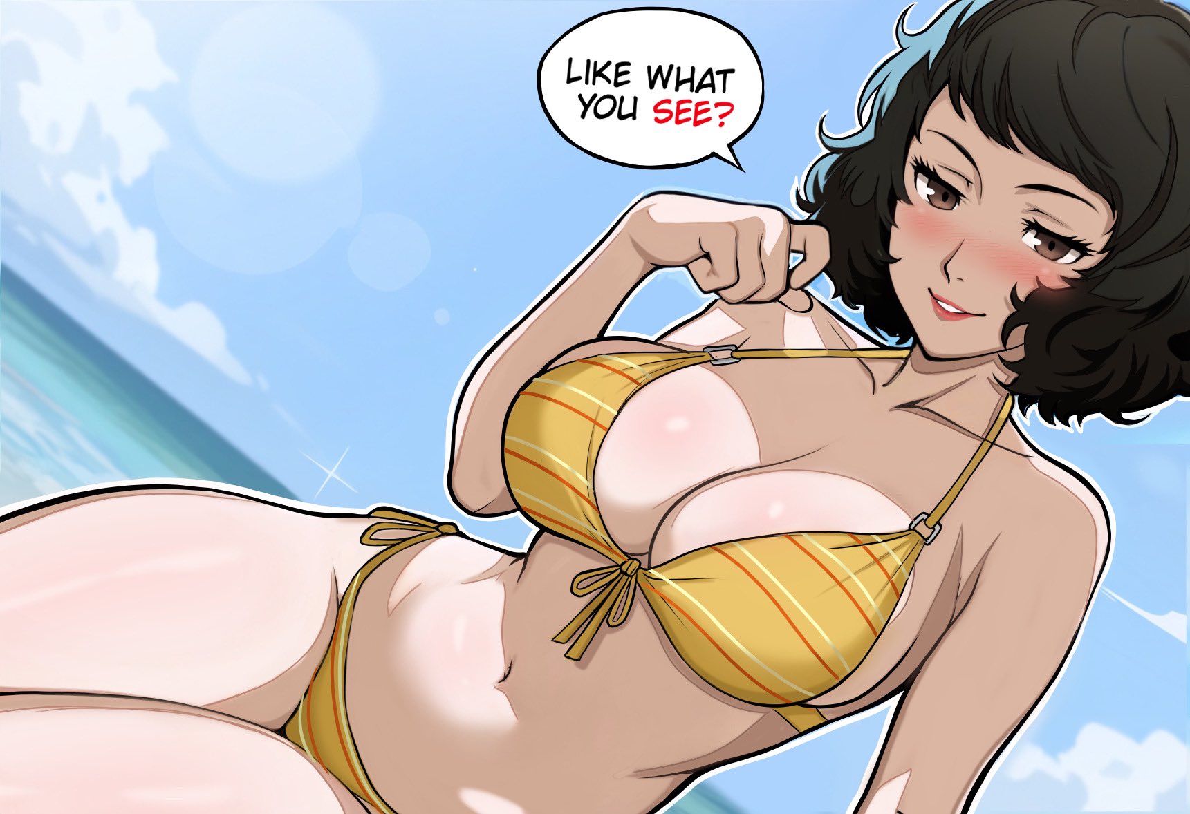 1girls, beach, bikini, black hair, black-haired female, blush, breasts, brown eyes, brown-eyed female, cleavage, female, female only, lepypepy, looking at viewer, medium breasts, medium hair, persona, persona 5, sadayo kawakami, sitting, text bubble, white body