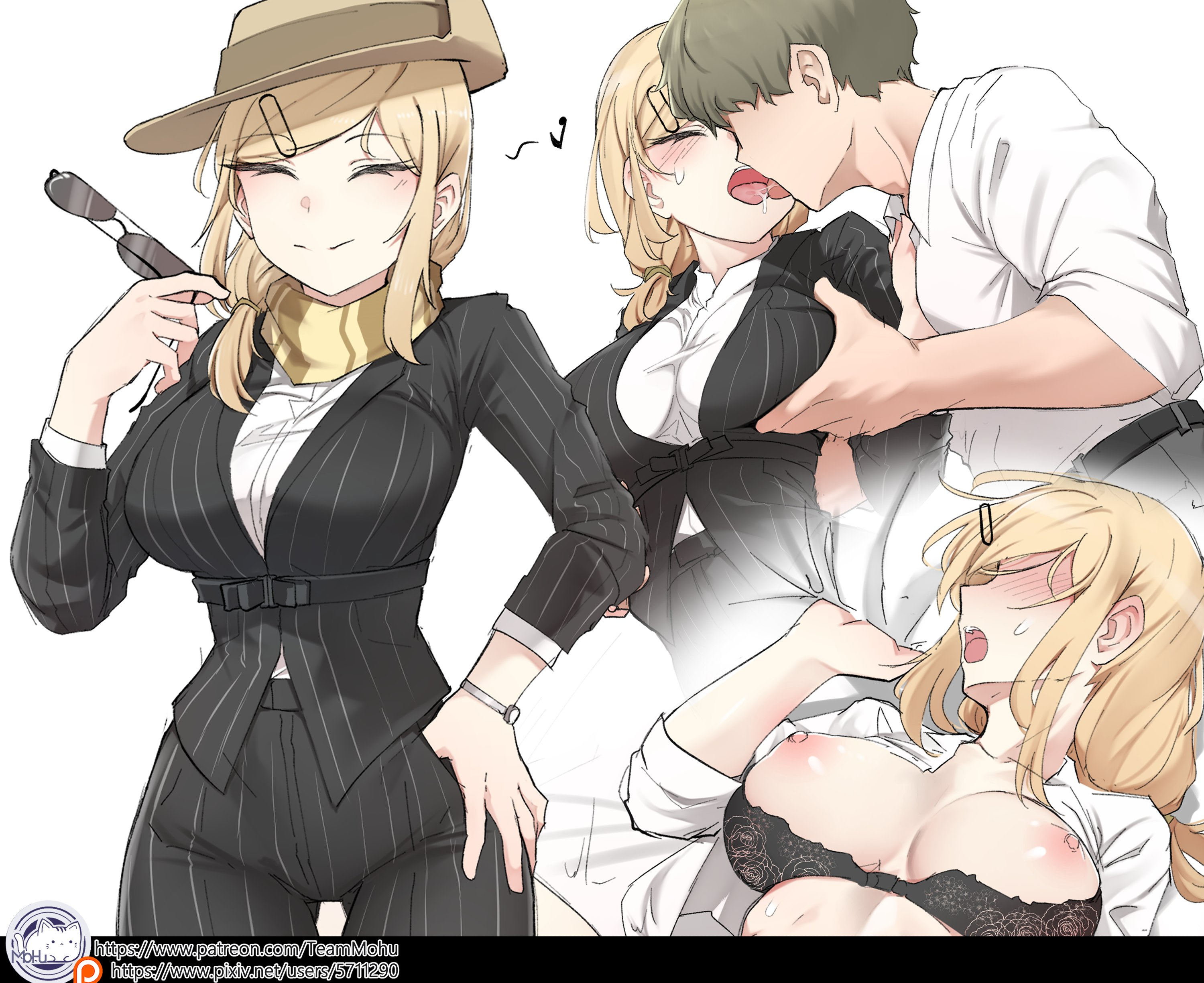 1boy, 1girls, aviator sunglasses, big breasts, blonde female, blonde hair, blush, breasts, breasts out, closed eyes, drooling, female, foreshadowing, grabbing pillow, hands on breasts, hat, huge breasts, k0ng, kissing, light skin, light-skinned female, light-skinned male, male, merc-san (k0ng), scarf, smile, straight, suit, tits out, watch