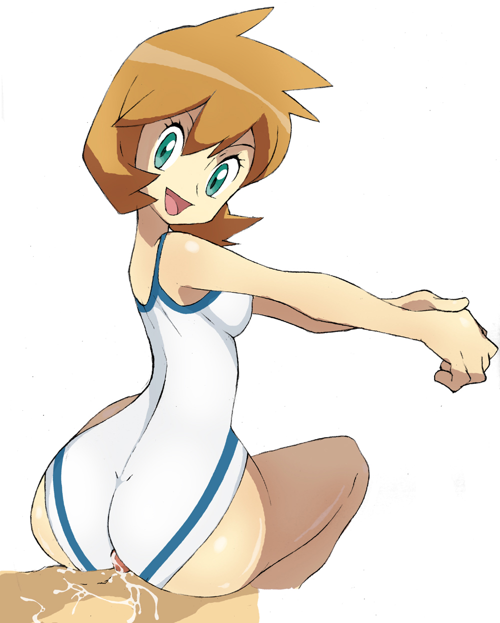 bushizo buttjob clothes color cum female green_eyes hair human human_only kasumi_(pokemon) looking_at_viewer male misty_(pokemon_hgss) nintendo nude orange_hair outercourse penis pokemon sex smile straight tagme