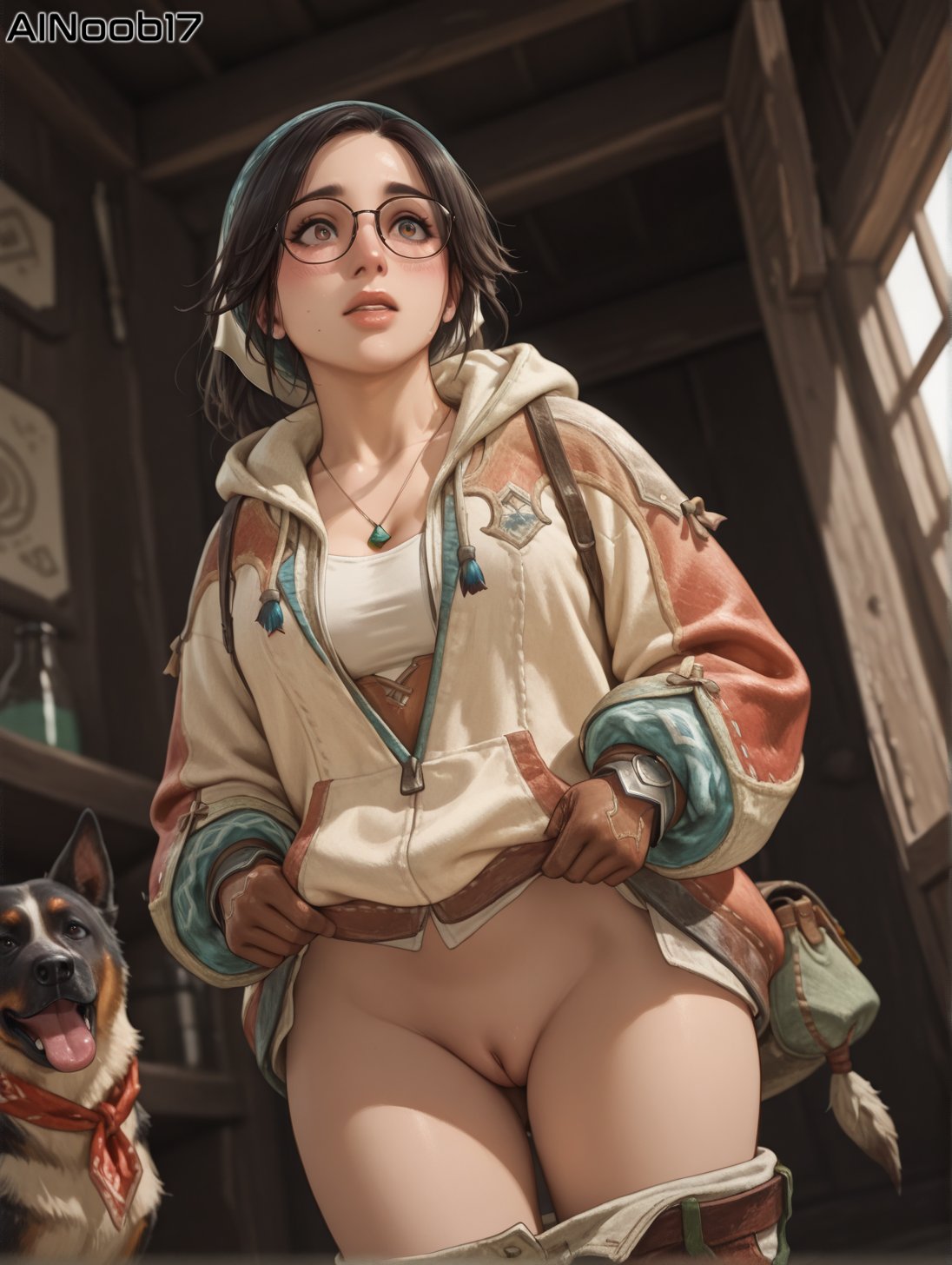 1girls, ai generated, ainoob17, alma (monster hunter wilds), brown hair, female, glasses, lifting shirt, monster hunter, monster hunter wilds, no panties, pants down, pussy, tagme, thigh gap, uncensored, undressing