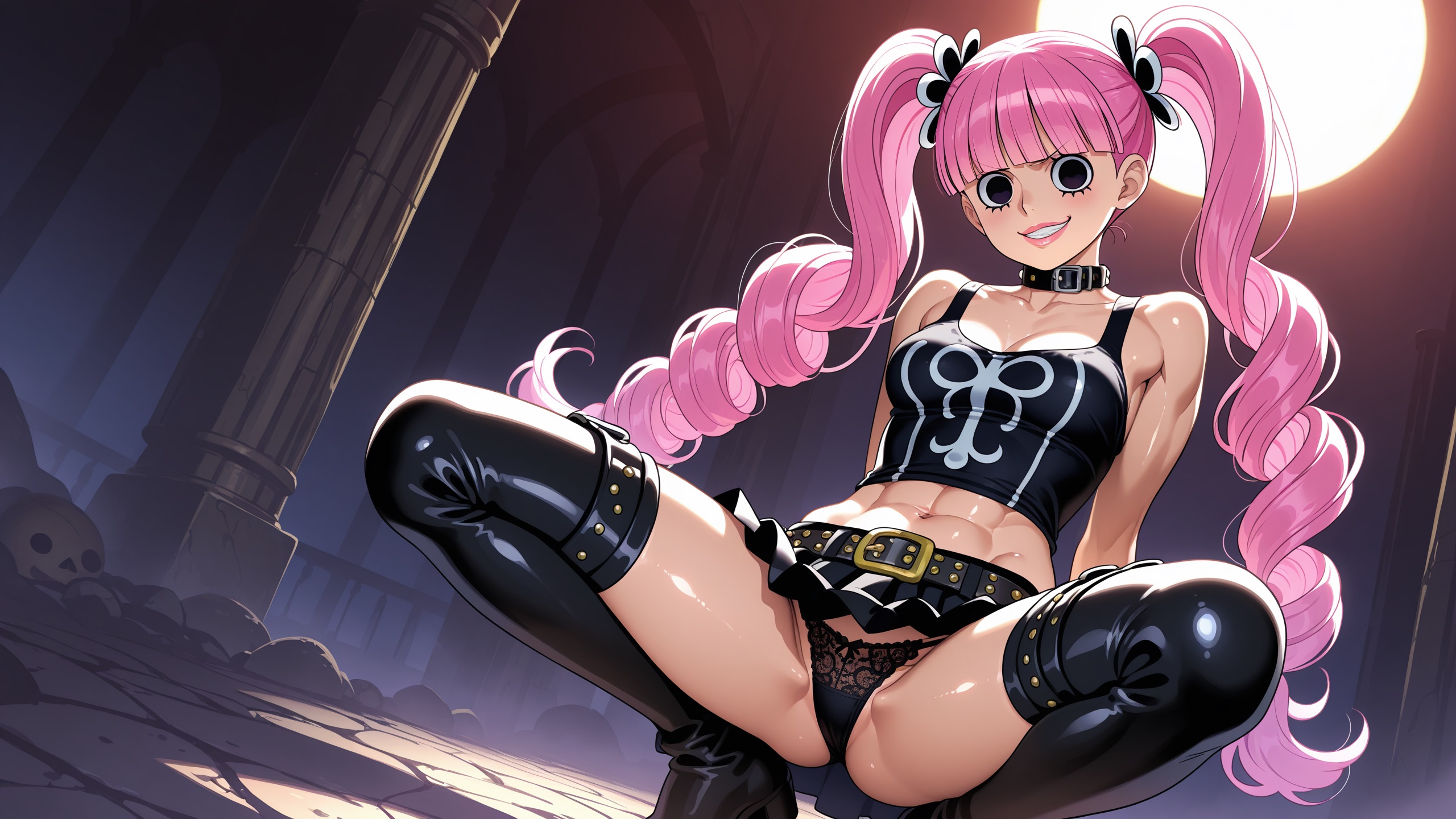 ai generated, artist request, clothing, female, female only, goth, goth girl, gothic, leather boots, one piece, perona, pink hair, skirt, squatting, upskirt