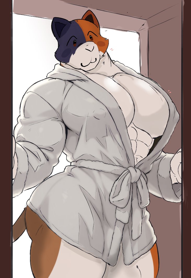 2d, anthro, bathrobe, big chest, big pecs, cafeaubandage, feline, fortnite, furry, huge chest, huge pecs, male, male only, meowscles (fortnite), nipple bulge, nipples, nipples visible through clothing