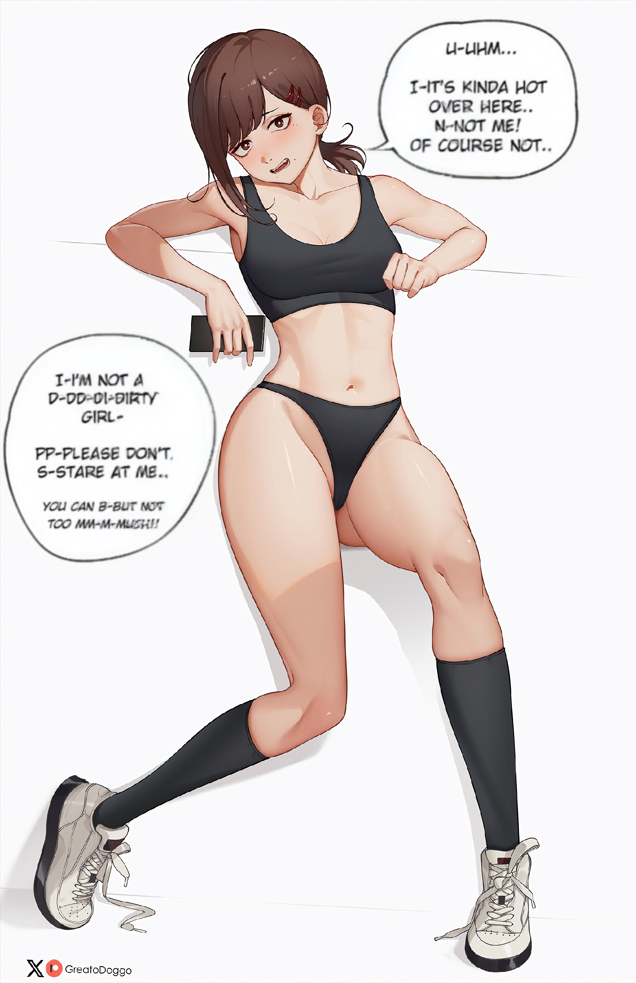 1girls, alternate version available, barely visible genitalia, beauty mark, black bikini, black bra, black panties, breasts, brown eyes, brown hair, cameltoe, chainsaw man, edit, embarrassed, english text, eso tilin (meme), exposed midriff, female, frown, greatodoggo, higashiyama kobeni, highleg, highleg panties, highres, holding phone, long socks, looking at viewer, medium breasts, midriff, on back, petite, pussy, short hair, showing off, shy, slight blush, sneakers, solo, speech bubble, sports bra, sportswear, talking to viewer, text, text bubble, text edit, third-party edit, tied hair, white background