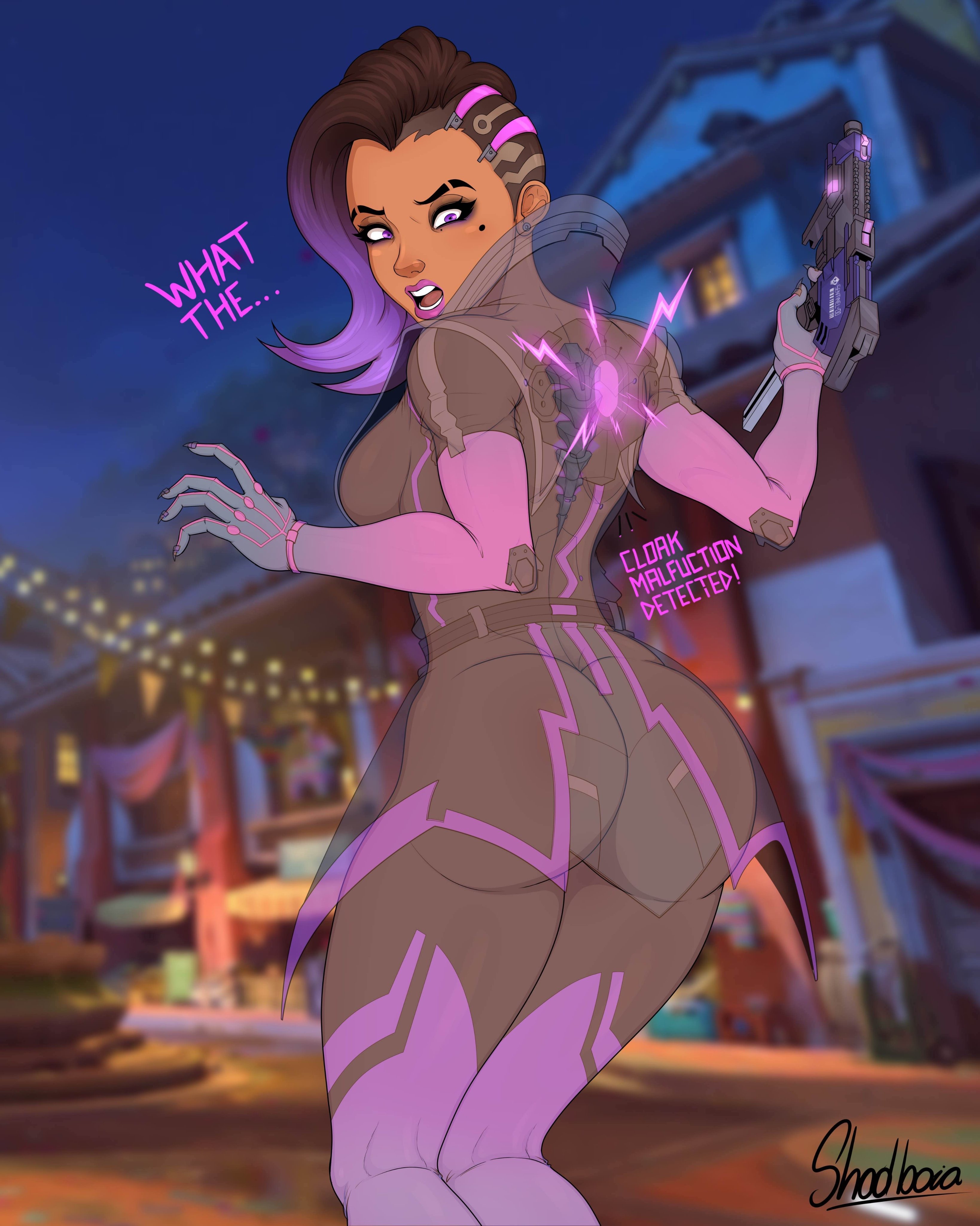 1girls, almost nude, alternate version at source, alternate version available, ass, big ass, big thighs, breasts, bubble ass, bubble butt, fanart, fat ass, female, medium breasts, overwatch, overwatch 2, pinup, public exposure, public indecency, public nudity, see-through, see-through clothing, shadboya, sideboob, sombra, thick ass, thick legs, thick thighs, thighs, wardrobe malfunction