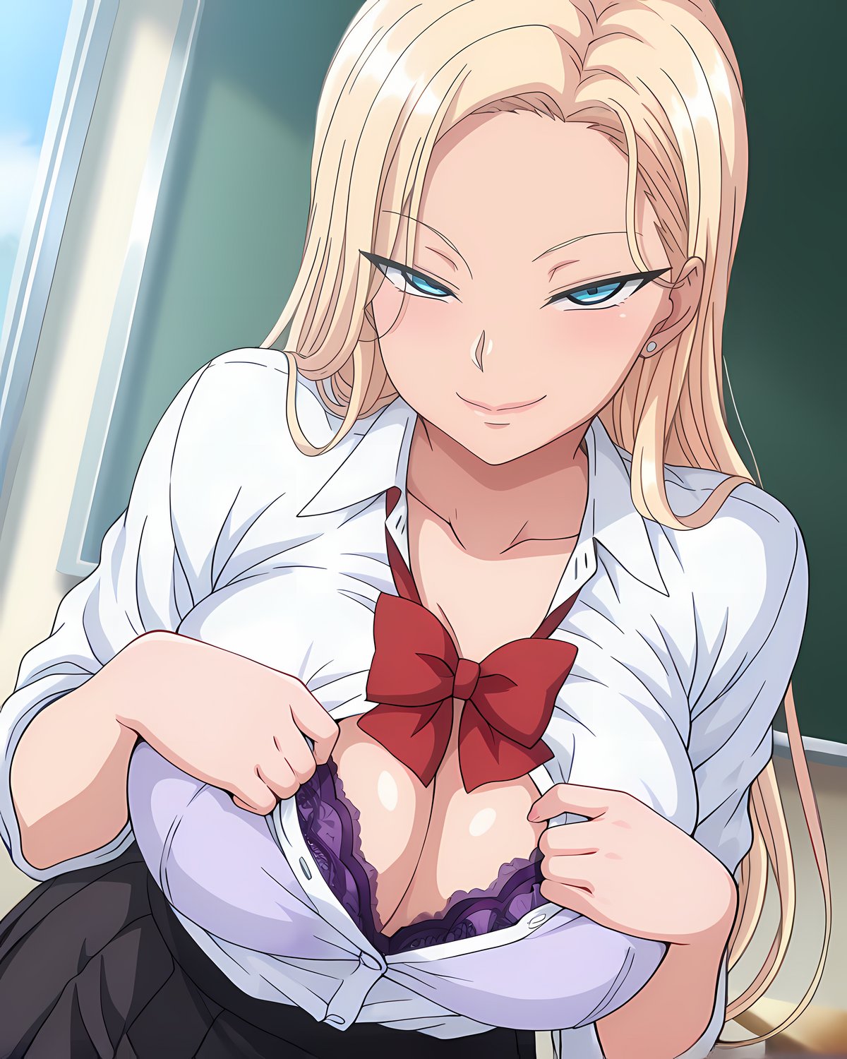 ai generated, blonde hair, blue eyes, breasts, eroero waifus, female, gigantic breasts, gyaru, huge breasts, kurashiki reina, light skin, light-skinned female, long hair, looking at viewer, massive breasts, saimin seishidou, school uniform, schoolgirl, seductive eyes, seductive smile, smiling, solo female, squatting, sweat, sweatdrop, thick body, thick female, voluptuous, voluptuous female