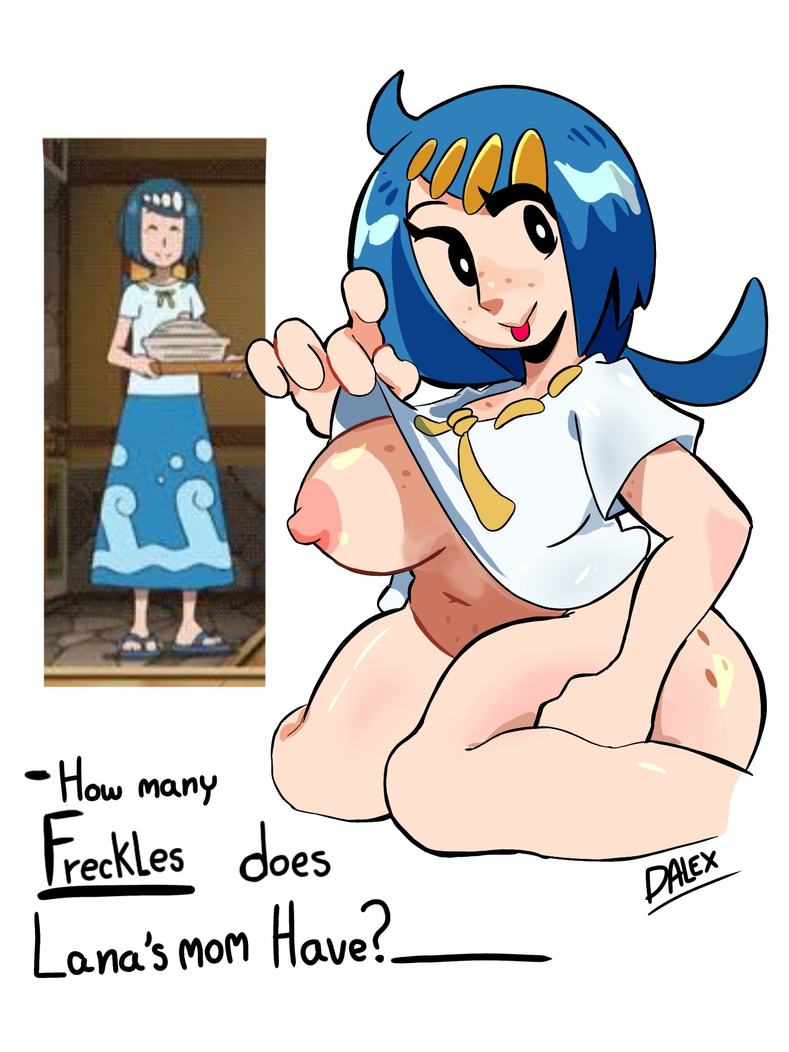 1girls, areolae, artist name, big breasts, blue hair, breasts, dalexnormal, dnormal11, female, freckles, lana's mother (pokemon), looking at viewer, minigame, nipples, pokemon, pokemon sm, shirt, shirt lift, tongue, tongue out