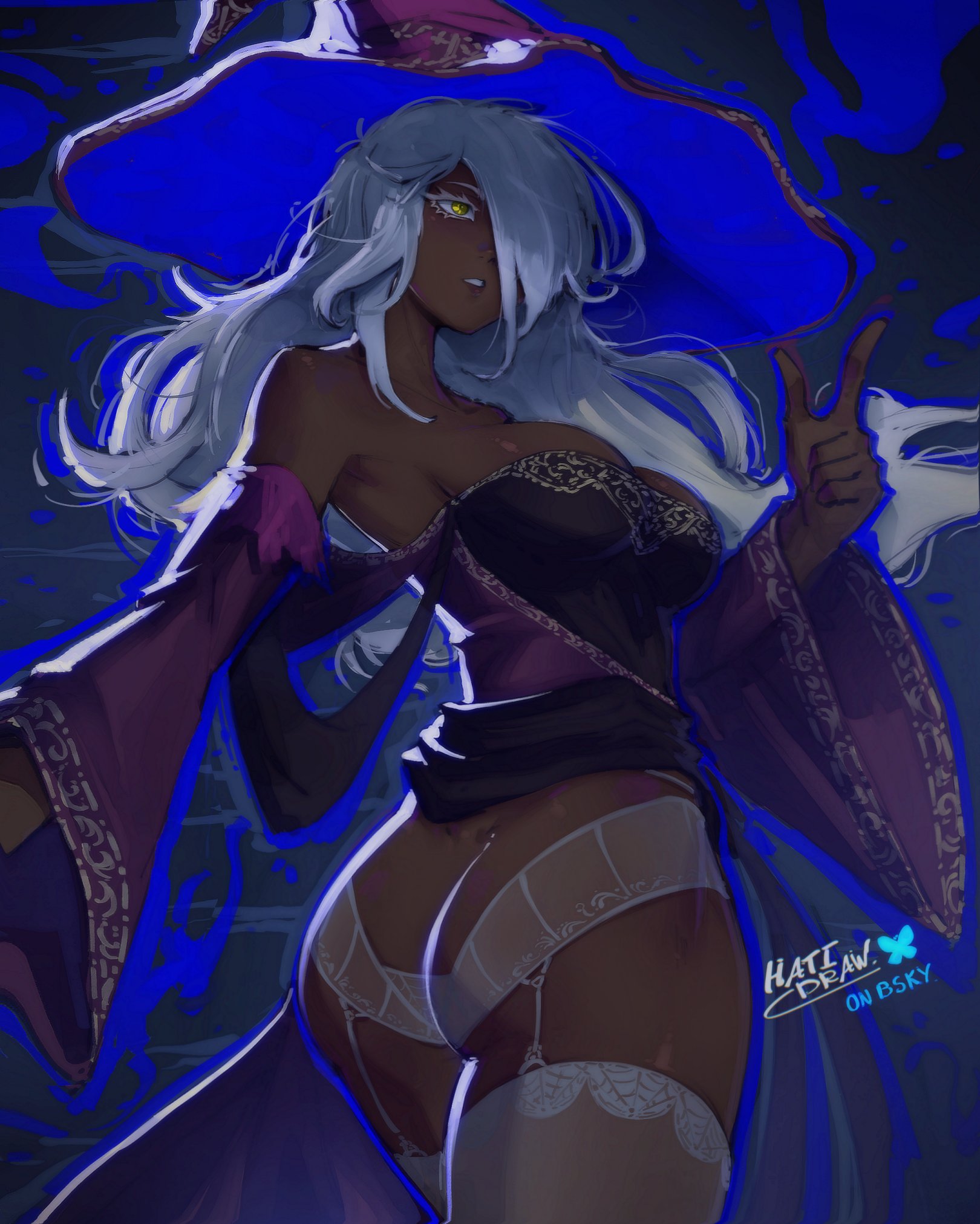 ass, ass focus, big breasts, breasts, dark skin, dark-skinned female, elden ring, elden ring nightreign, female, fromsoftware, garter straps, hatidraw, recluse (nightreign), solo, solo female, stockings, white hair, witch, witch hat, yellow eyes