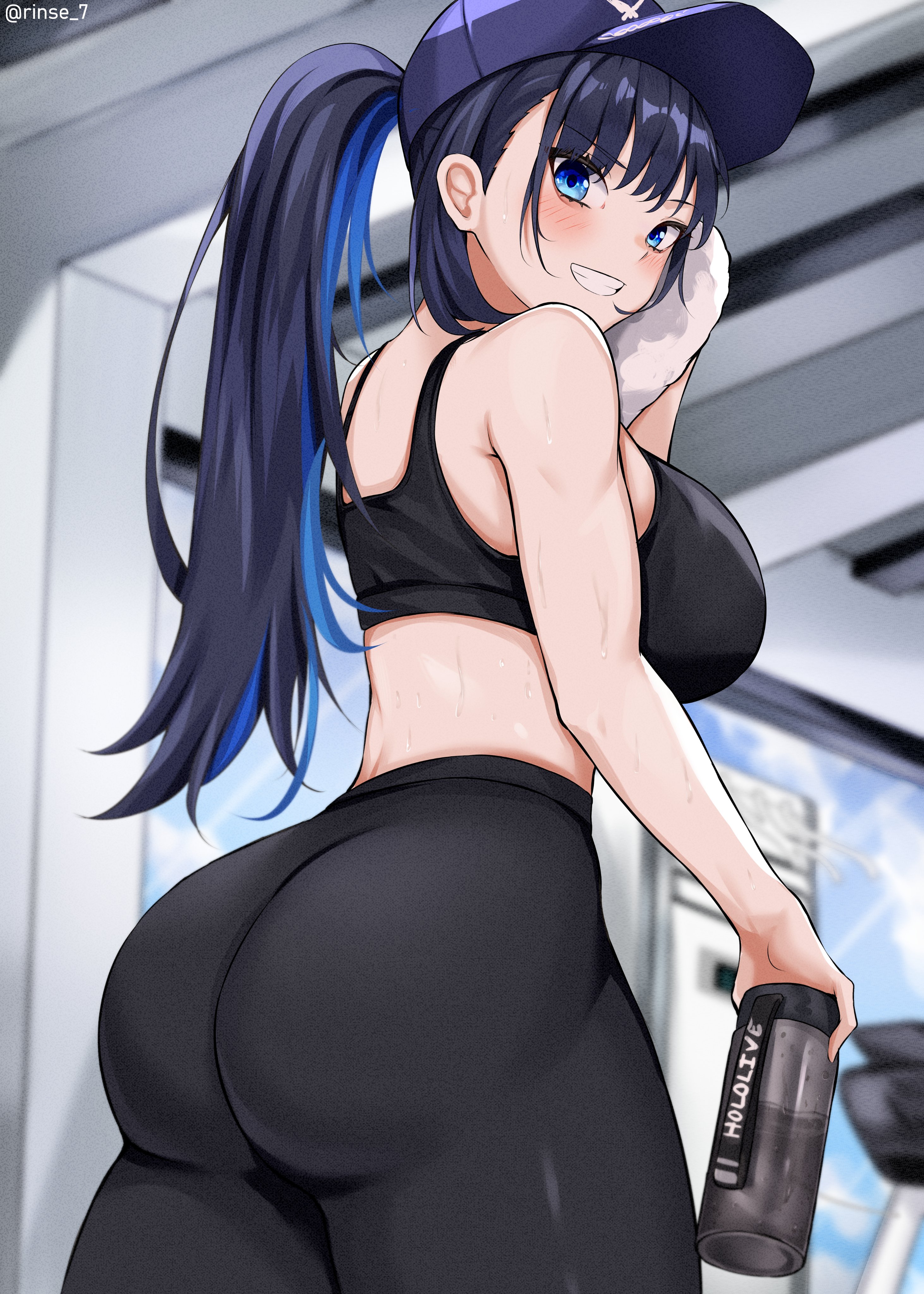 absurdres, alternate costume, armpits, ass, ass focus, bare shoulders, baseball cap, black hair, black pants, black sports bra, blue eyes, blue hair, blurry, blurry background, blush, bottle, breasts, colored inner hair, copyright name, female, from behind, grin, gym, hat, high ponytail, highres, holding, holding bottle, holding towel, hololive, hololive english, hololive english -council-, hololive english -promise-, huge ass, indoors, large breasts, long hair, looking at viewer, midriff, multicolored hair, ouro kronii, pants, ponytail, rinse 7, smile, solo, sports bottle, sports bra, sweat, teeth, thick thighs, towel, turning head, twitter username, two-tone hair, virtual youtuber, wiping sweat, yoga pants
