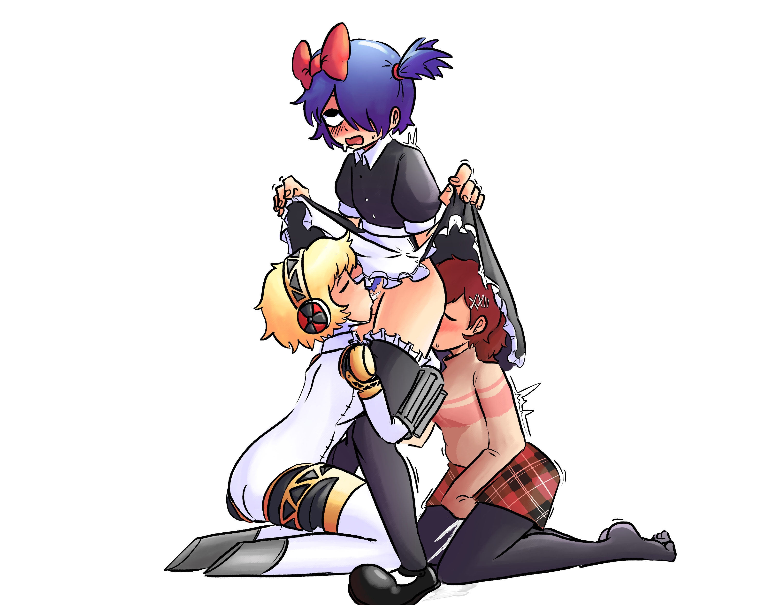 1boy, 2girls, aigis (persona), blowjob, blue hair, blue plate special, blush, cumming, ejaculation, female, freak, freaky, kotone shiomi, lifting skirt, maid uniform, makoto yuki, male, persona, persona 3, ravenmastertask, red hair, thighhighs, tights, yellow hair