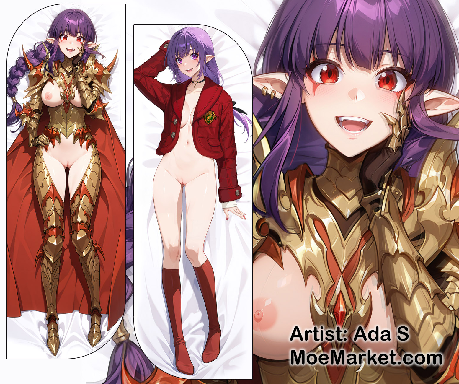 1girls, ada s, ai, ai generated, braid, breasts, dakimakura, dakimakura design, esil radiru, female, golden armor, long hair, looking at viewer, moemarket, nipples, purple eyes, purple hair, pussy, red eyes, solo leveling, thigh gap, uncensored