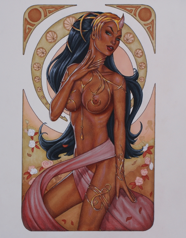 1girls a_princess_of_mars areolae art_nouveau barsoom black_hair breasts conny_valentina crown dark-skinned_female dejah_thoris female female_only flower jewelry long_hair nipple_piercing nipples piercing solo solo_female tagme