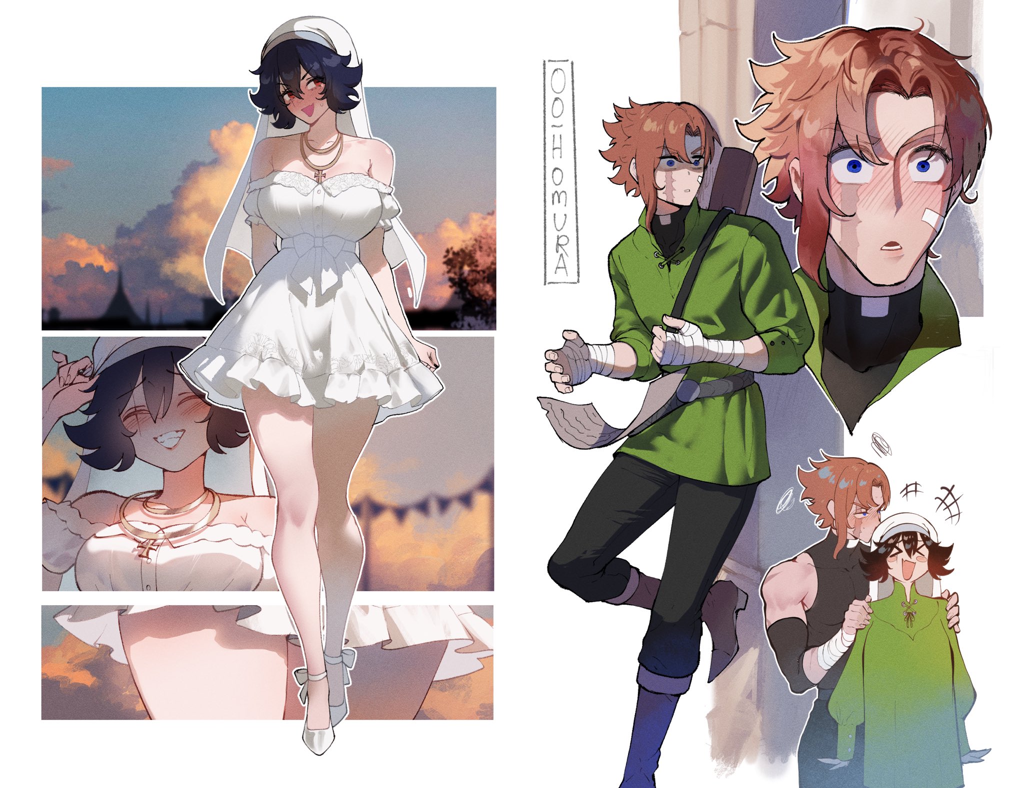 1boy, 1girls, almonde jagger, bandaid, bandaid on face, black hair, bloodlight (nyantcha), blue eyes, blush, breasts, close-up, dress, female, frilled dress, frills, hair between eyes, highres, horizontal pupils, large breasts, leg focus, male, mikhail (thiccwithaq), no text version, nun, open mouth, orange hair, original, original character, original characters, pointy ears, red eyes, scar, scar across eye, scar on face, short hair, smile, textless version, thiccwithaq, thigh focus, thighs