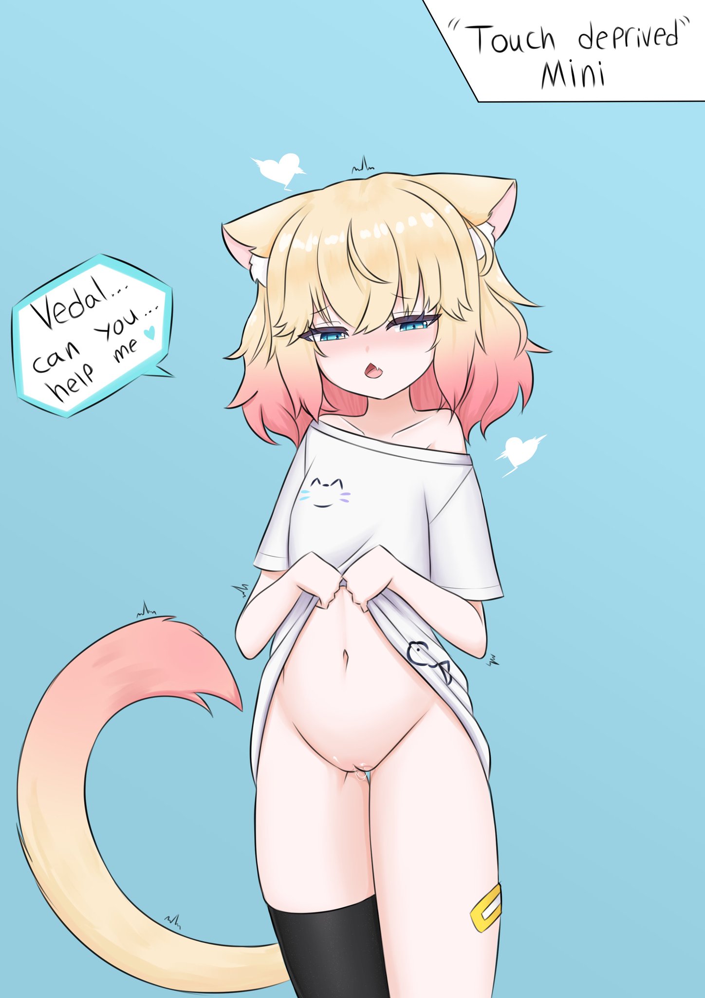 1girls, 2d, 2d (artwork), animal ears, aqua eyes, bandage, blonde hair, blue eyes, bottomless, cat ears, cat girl, cat tail, catgirl, english text, female, heart, indie virtual youtuber, legwear, light skin, light-skinned female, long legs, minikomew, no panties, no underwear, pale skin, pale-skinned female, presenting, presenting pussy, pussy, pussy juice, shirt, shirt lift, shirt up, slender legs, small breasts, socks, solo, straight hair, szpecter, text bubble, thighhighs, thighs, virtual youtuber, vtuber, white shirt